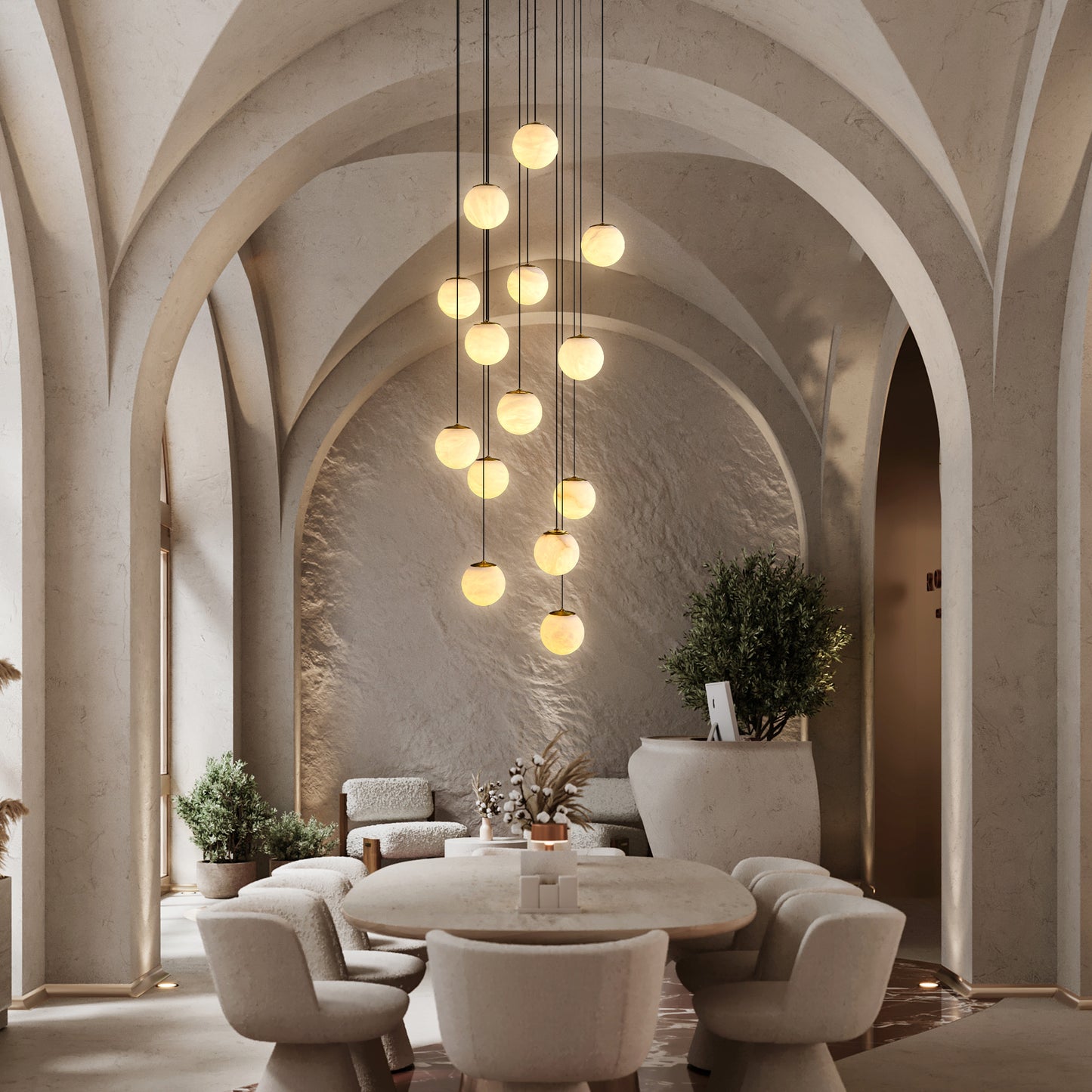 Modern 138 in. H 14-Light Gold Globe Staircase Chandelier, Natural Alabaster Chandelier for High Ceiling, Foyer, Entry