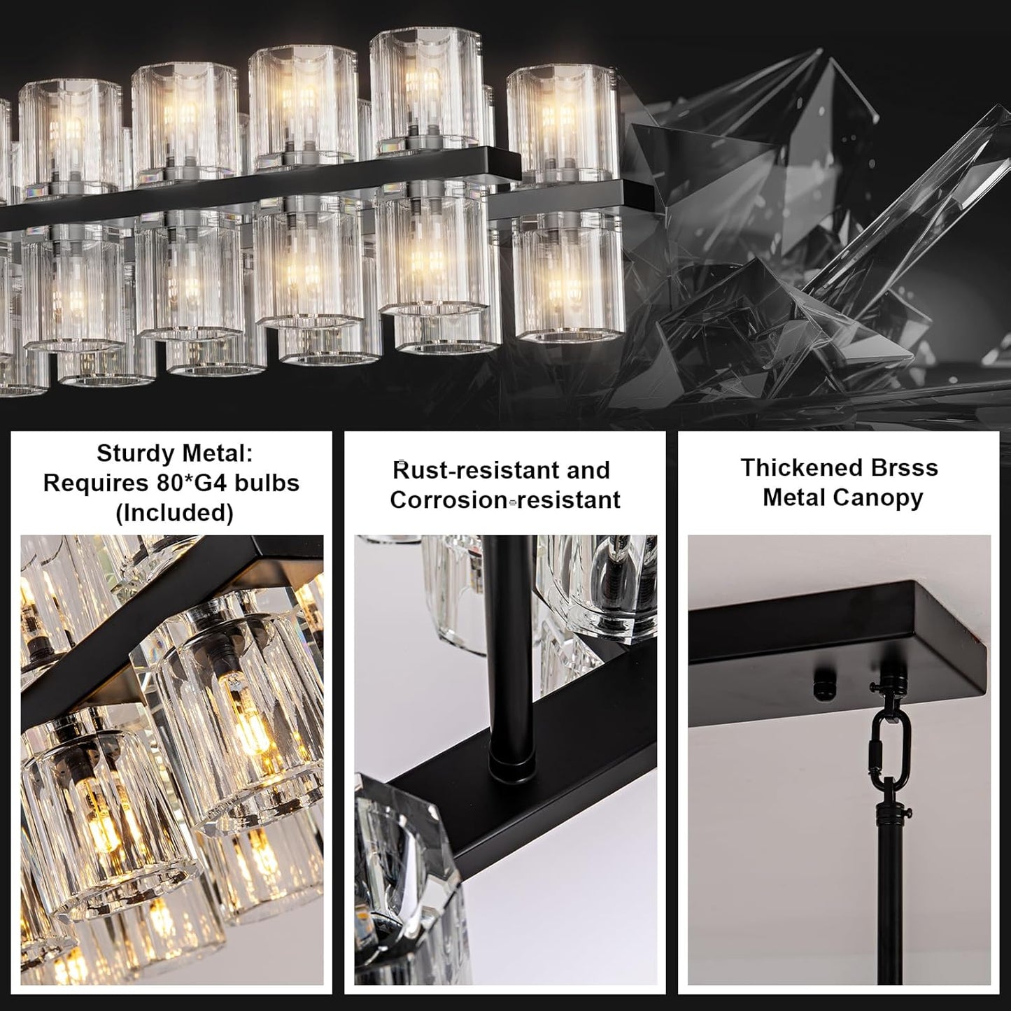 80-Light Black Rectangular Chandelier, 72 in. Modern K9 Crystal Chandelier for Dining Room, Living Room, Foyer