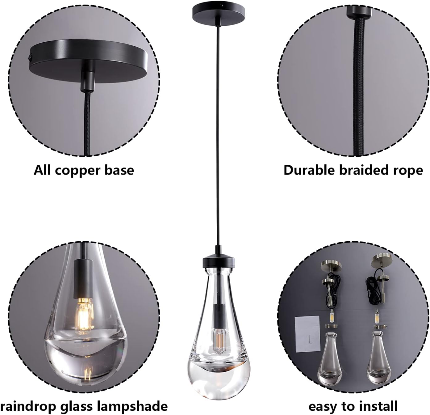 1-Light Modern Black Chandelier, Pendant Light Kitchen Island with Raindrop Glass Shade, (2-Sets)