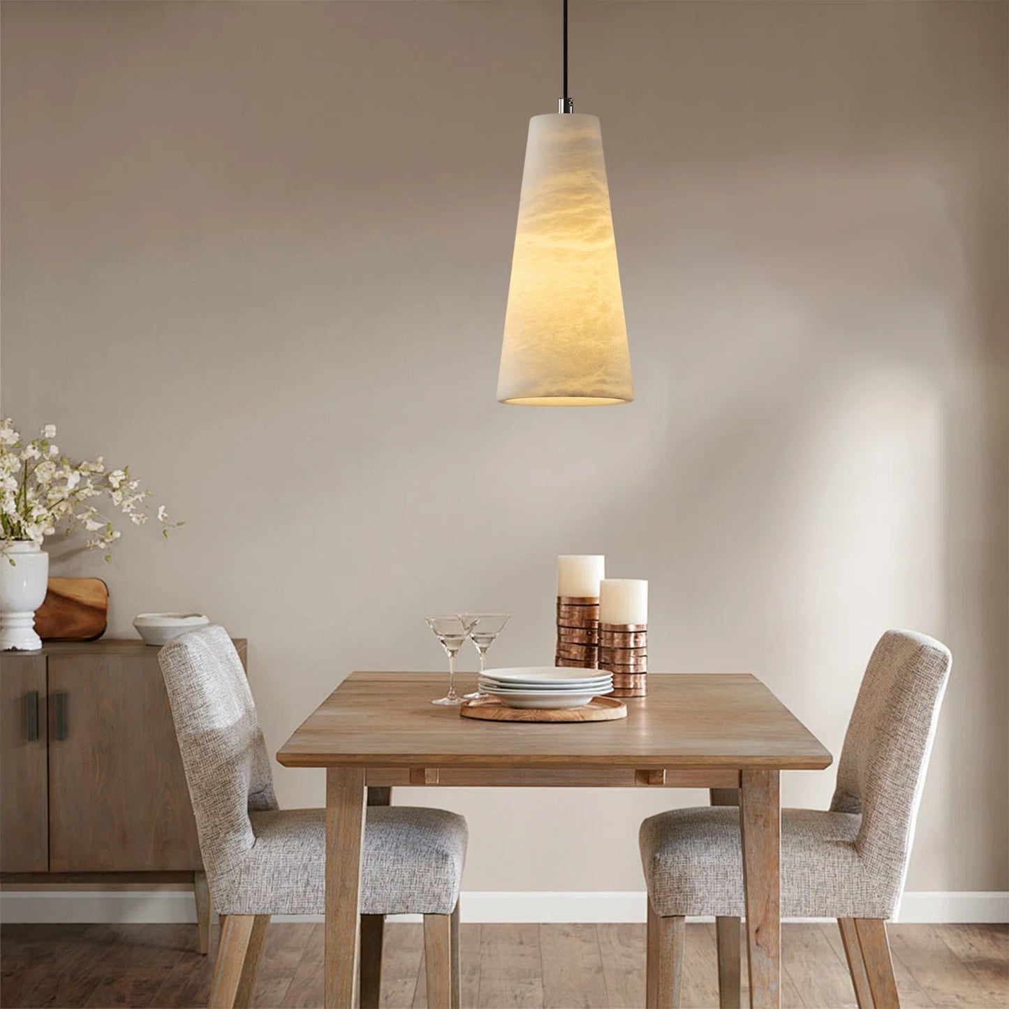 1-Light Black Pendant Light, Conical Natural Alabaster Shade Pendant Light for Dining Room, Kitchen Island Bulb Included