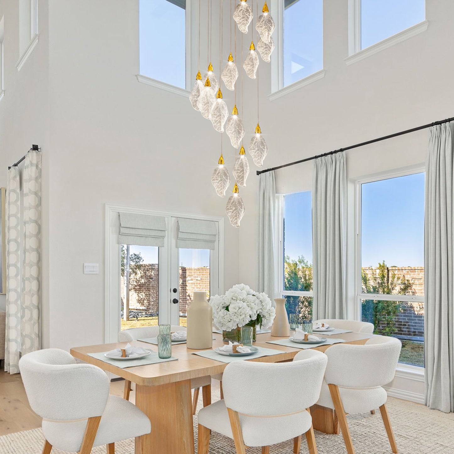 Modern 78 in. H 14-Light Integrated LED Gold Crystal Staircase Chandelier, Bionic Leaf High Ceiling LED Lighting Fixture