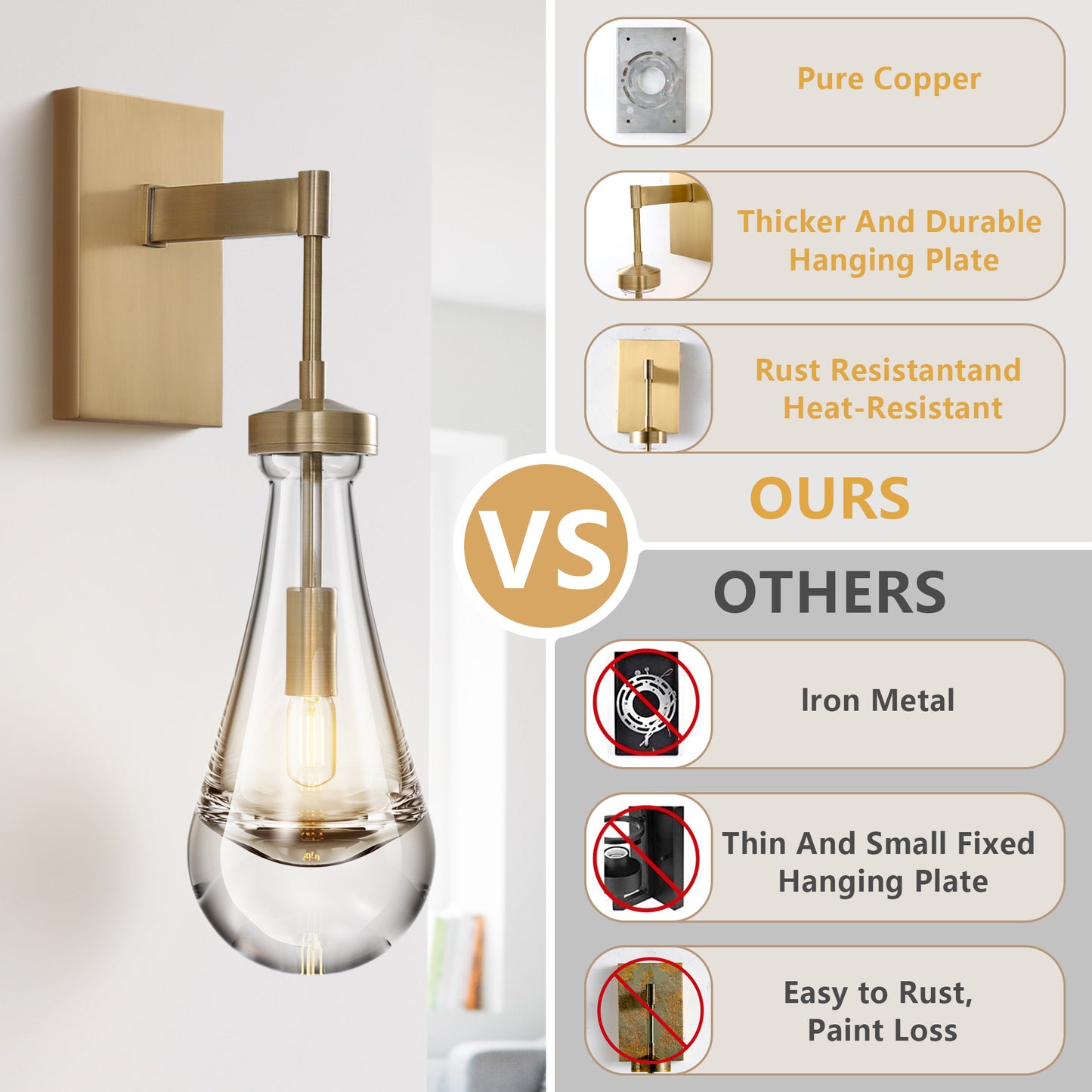 17.7 in. 1-Light Gold Wall Sconce, Raindrop Wall Lighting with Hand Blown Solid Glass, Brass Base and Rod (2-Sets)