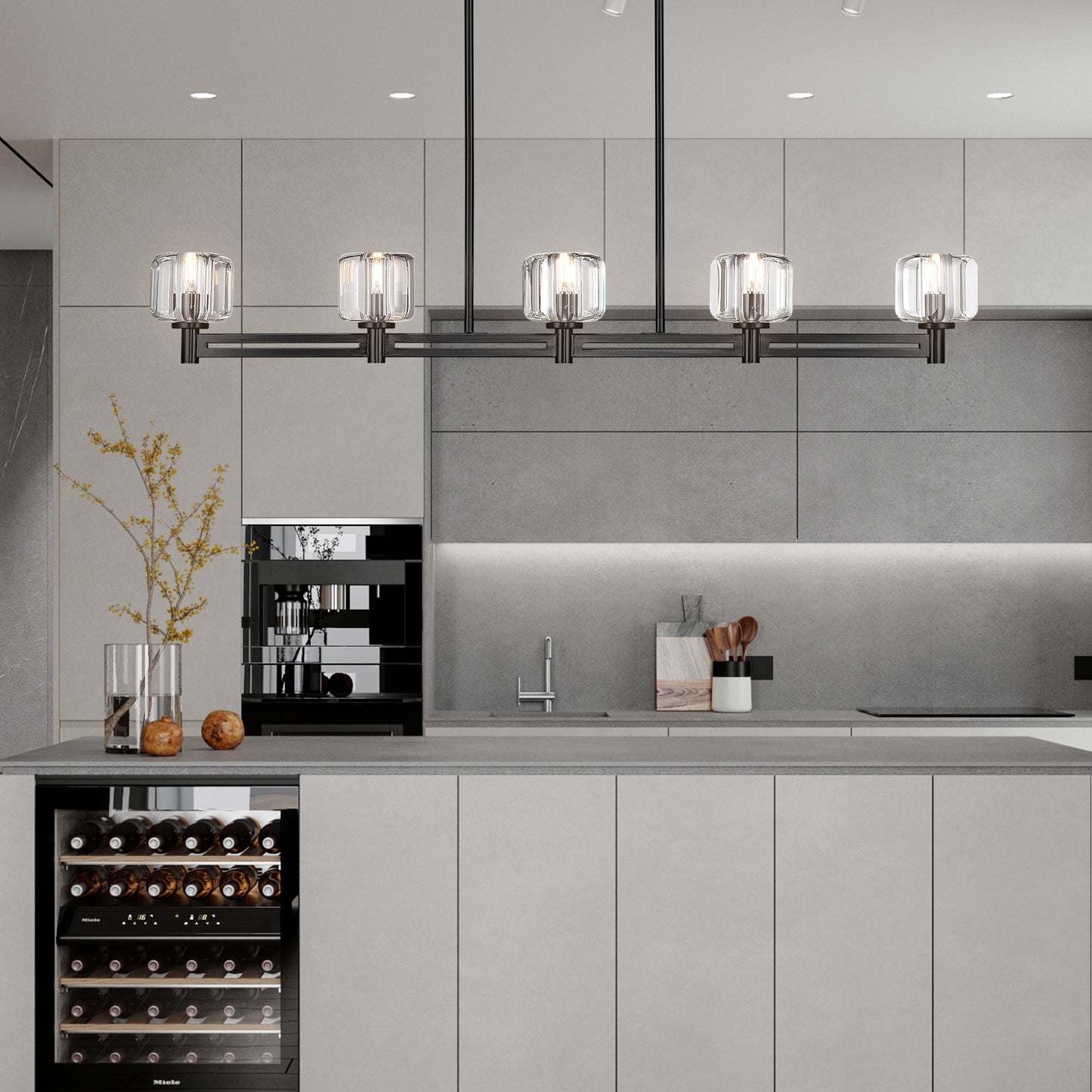 54 in. 5-Light Black Farmhouse Linear Chandelier with Crystal Lampshade for Dining Room, Living Room and Kitchen Island