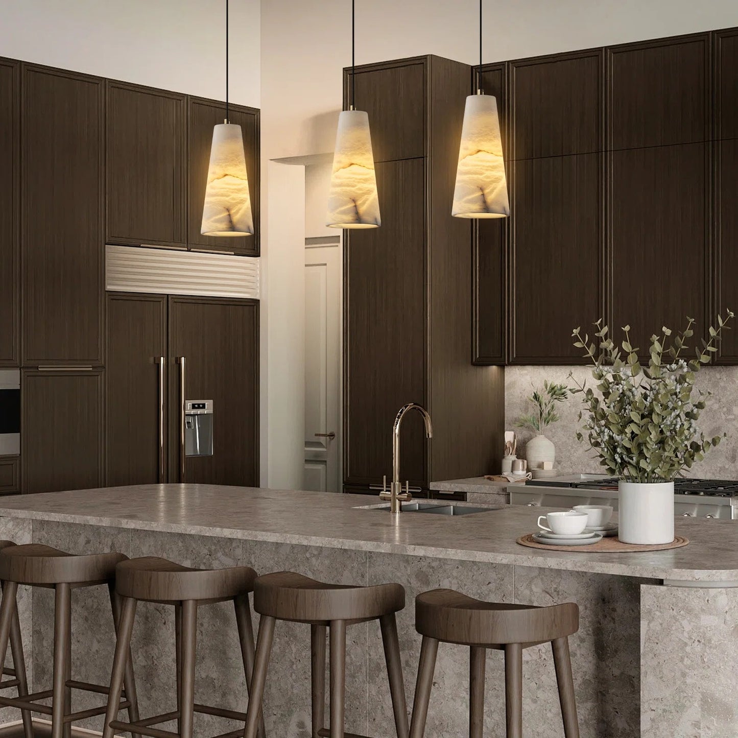 1-Light Gold Pendant Light, Conical Natural Alabaster Shade Pendant Light for Dining Room, Kitchen Island(Bulb Included)