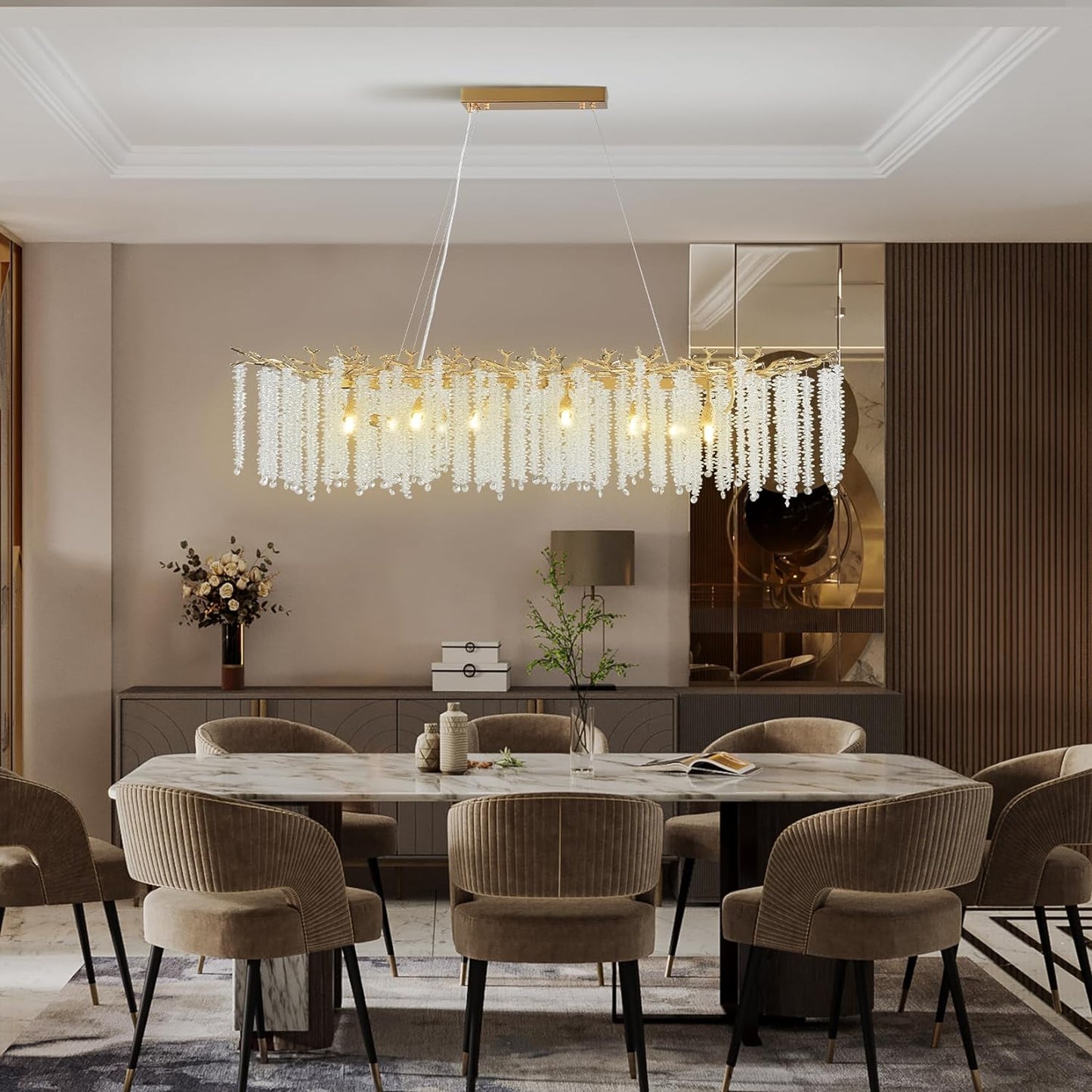 14-Light Gold Chandelier, Luxury Flush Mount Chandelier with K9 Crystal, for Dining Room, Living Room, Kitchen and Foyer