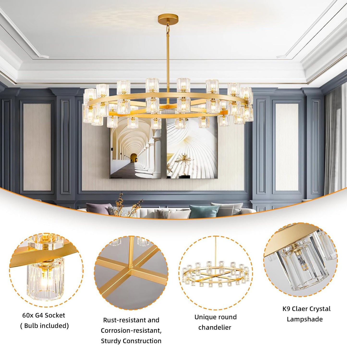 36-Light Gold Round Chandelier, 36 in. Modern K9 Crystal Chandelier for Dining Room, Living Room, Foyer