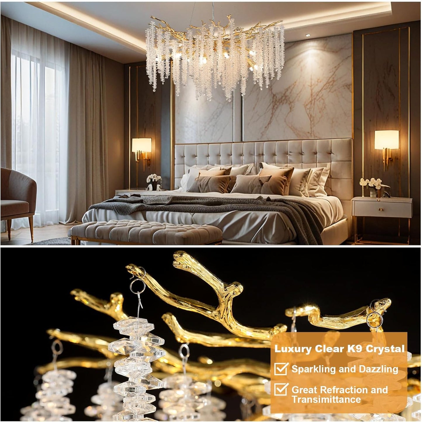 30in. 10-Light Modern Crystal Chandelier, Gold Round Luxury Tree Branch Chandelier for Dining Room, Living Room, Bedroom