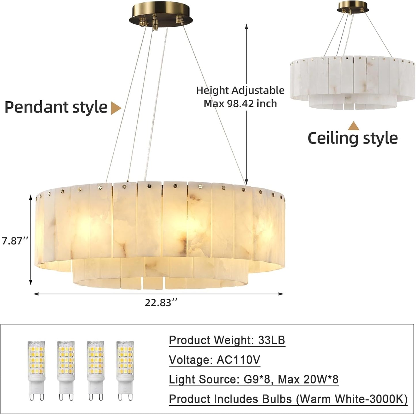 8-Light White Alabaster Chandelier, Modern Round Chandelier for Dining Room, Living Room, Kitchen Island