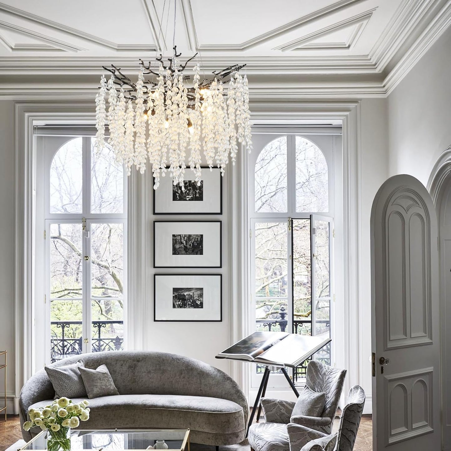 24" 8-Light Modern Crystal Chandelier Black Tree Branch Round Chandelier for Dining Room, Living Room, Bedroom, Entryway