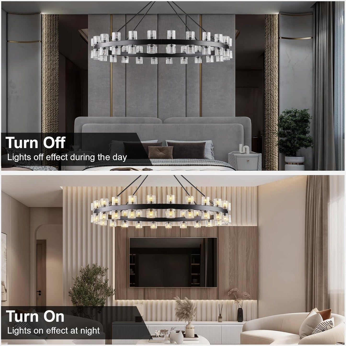 48-Light Black Round Chandelier, 48 in. Modern K9 Crystal Chandelier for Dining Room, Living Room, Foyer