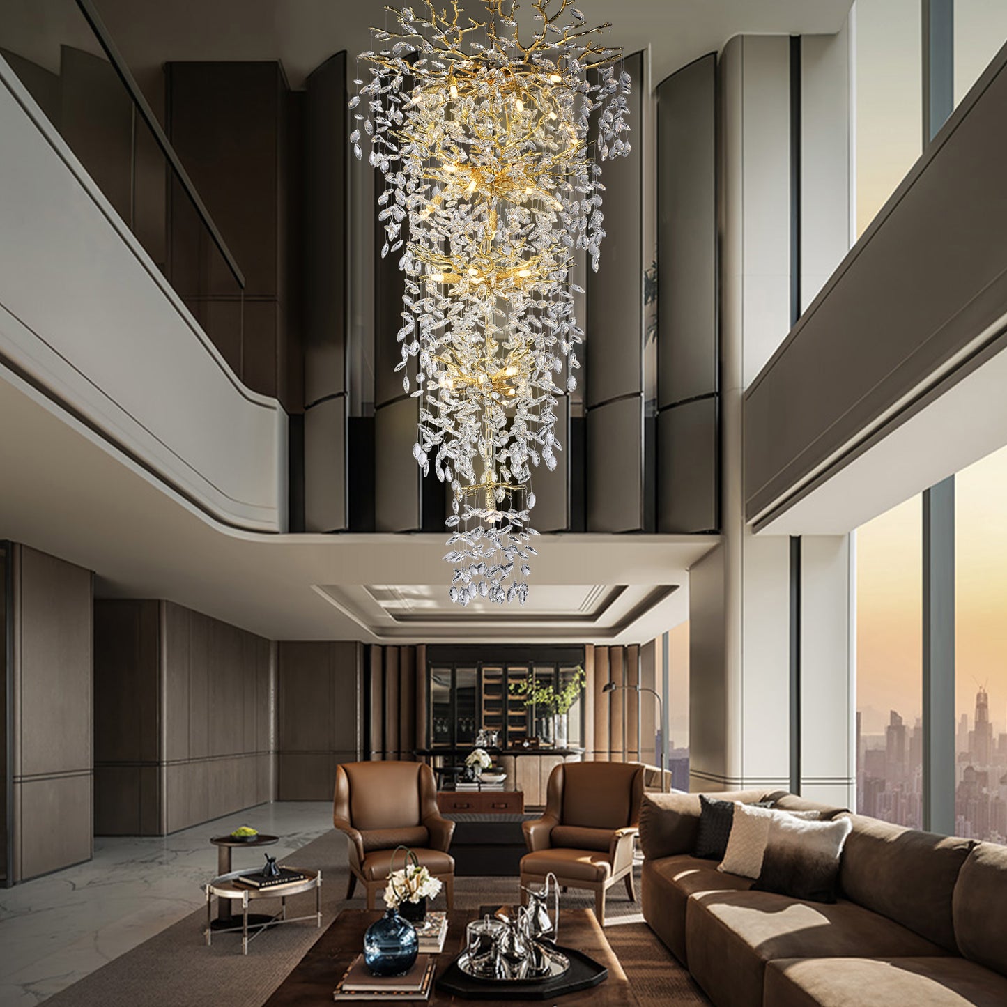 Modern Chandelier 118 in. 28-Light Crystal Gold Chandelier for Foyer, Living room, Multiple Tiers Chandelier