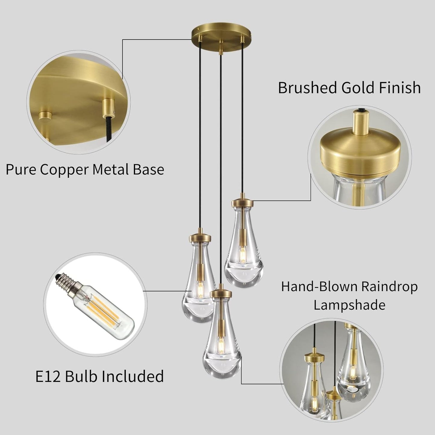 Farmhouse Chandelier 85 in. H 3 Light Copper Raindrop Globe Chandelier for Dinning Room, Kitchen, Foyer, Bulb Included