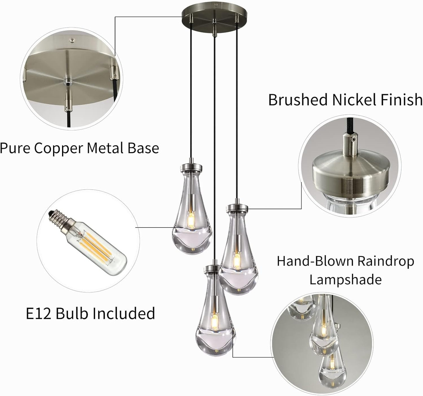 Farmhouse Chandelier 85 in. H 3 Light Nickel Raindrop Globe Chandelier for Dinning Room, Kitchen, Foyer, Bulb Included