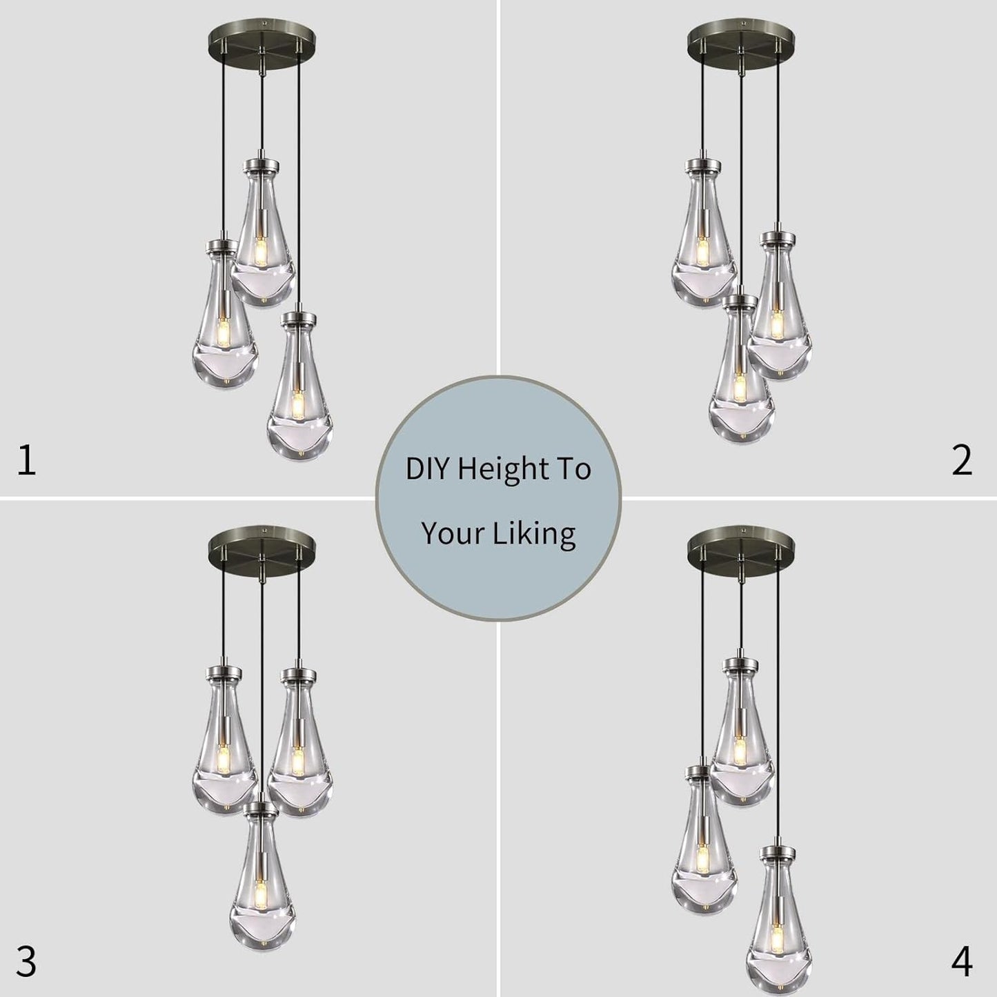 Farmhouse Chandelier 85 in. H 3 Light Nickel Raindrop Globe Chandelier for Dinning Room, Kitchen, Foyer, Bulb Included