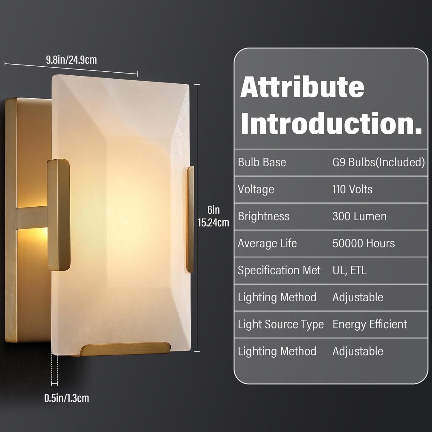 9.8 in. 1-Light 2-Piece Gold Wall Sconce, Natural Alabaster Wall Lighting for Living Room, Bathroom, Hallway, Bedroom