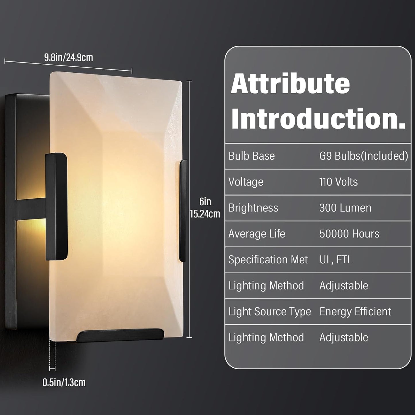 9.8 in. 1-Light 2-Piece Black Wall Sconce, Natural Alabaster Wall Lighting for Living Room, Bathroom, Hallway, Bedroom