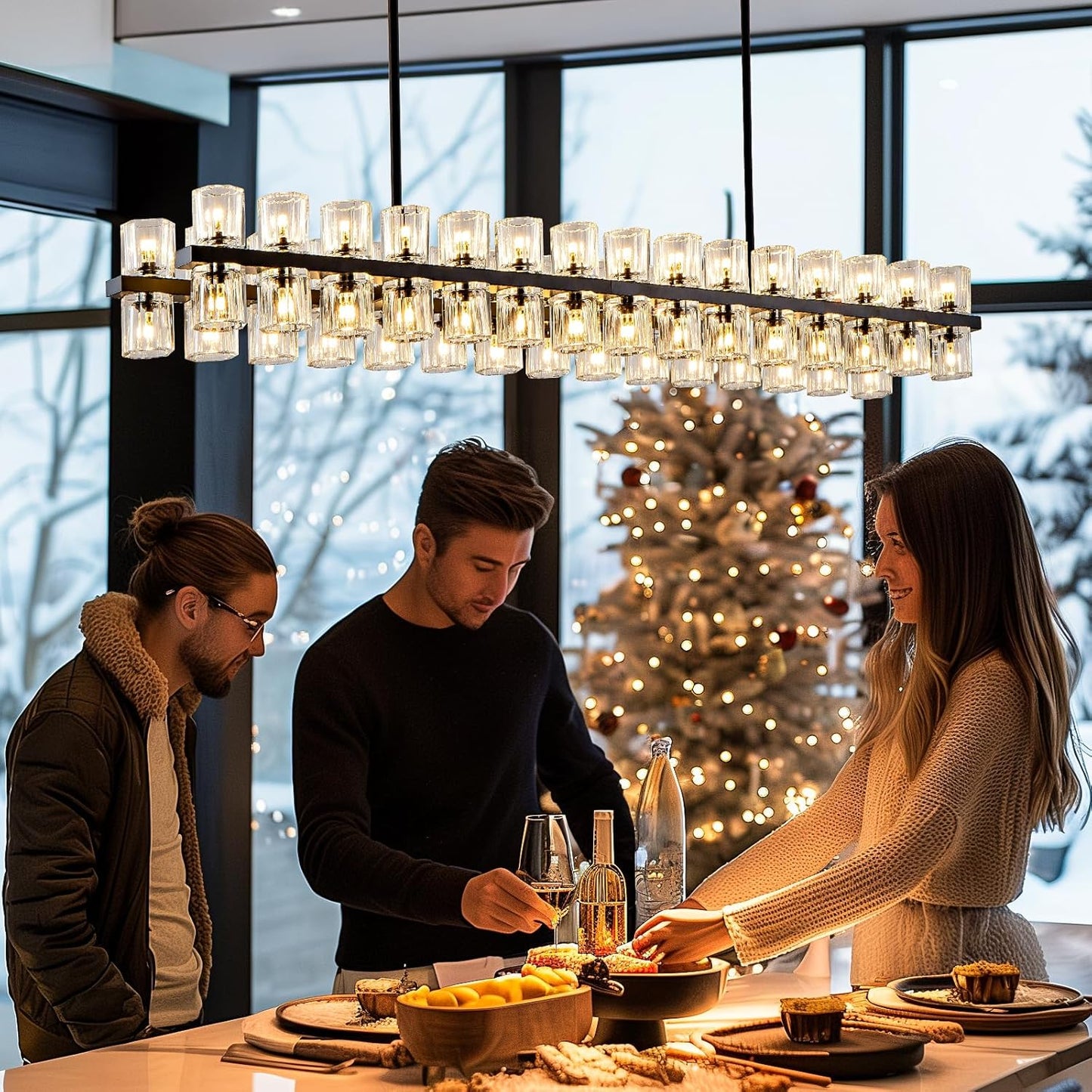 60-Light Black Rectangular Chandelier, 54 in. Modern K9 Crystal Chandelier for Dining Room, Living Room, Foyer