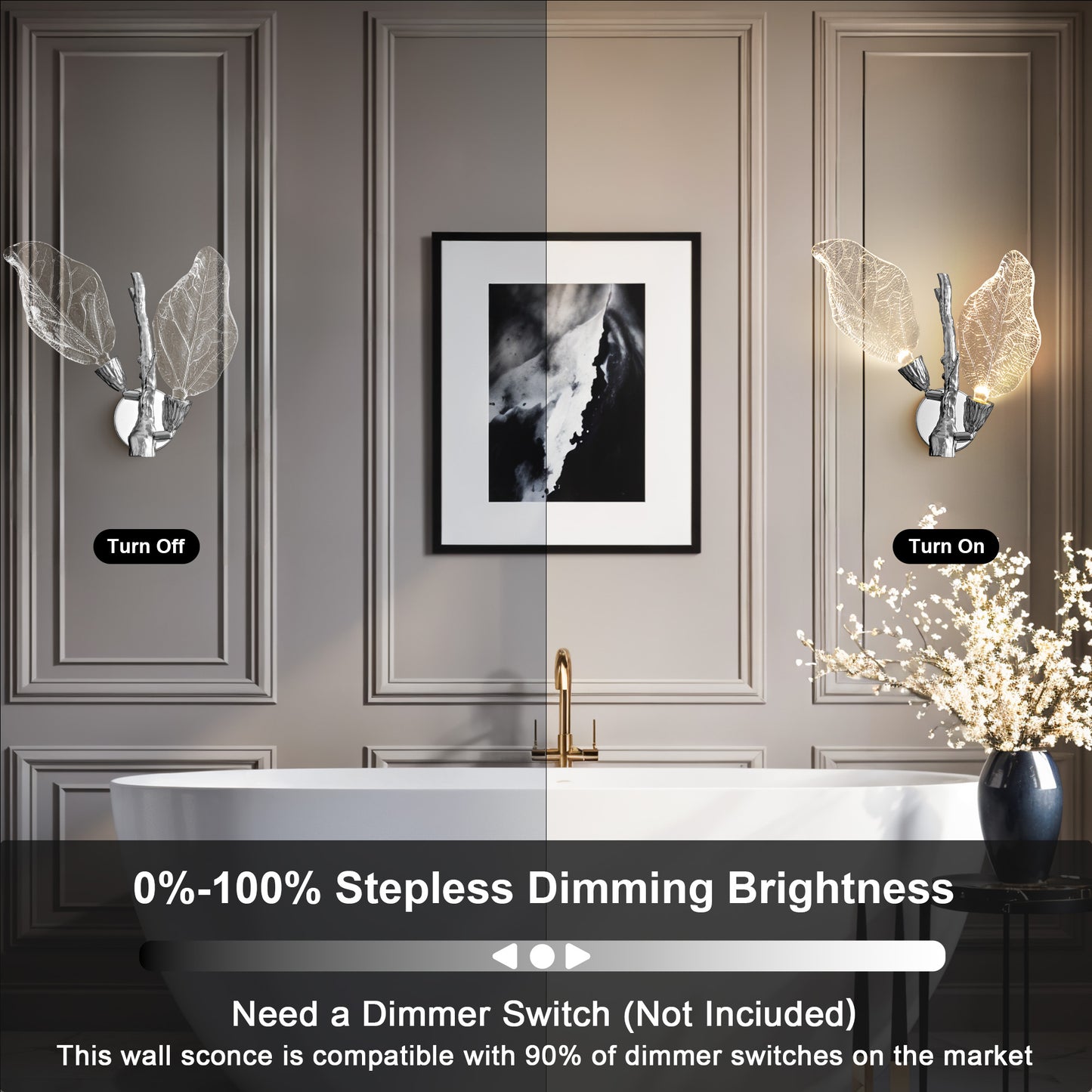 2-Light Silver Bionic Leaf Wall Sconce, LED Vanity Lighting Fixtures for Bathroom Hallway, Living Room, Stairs