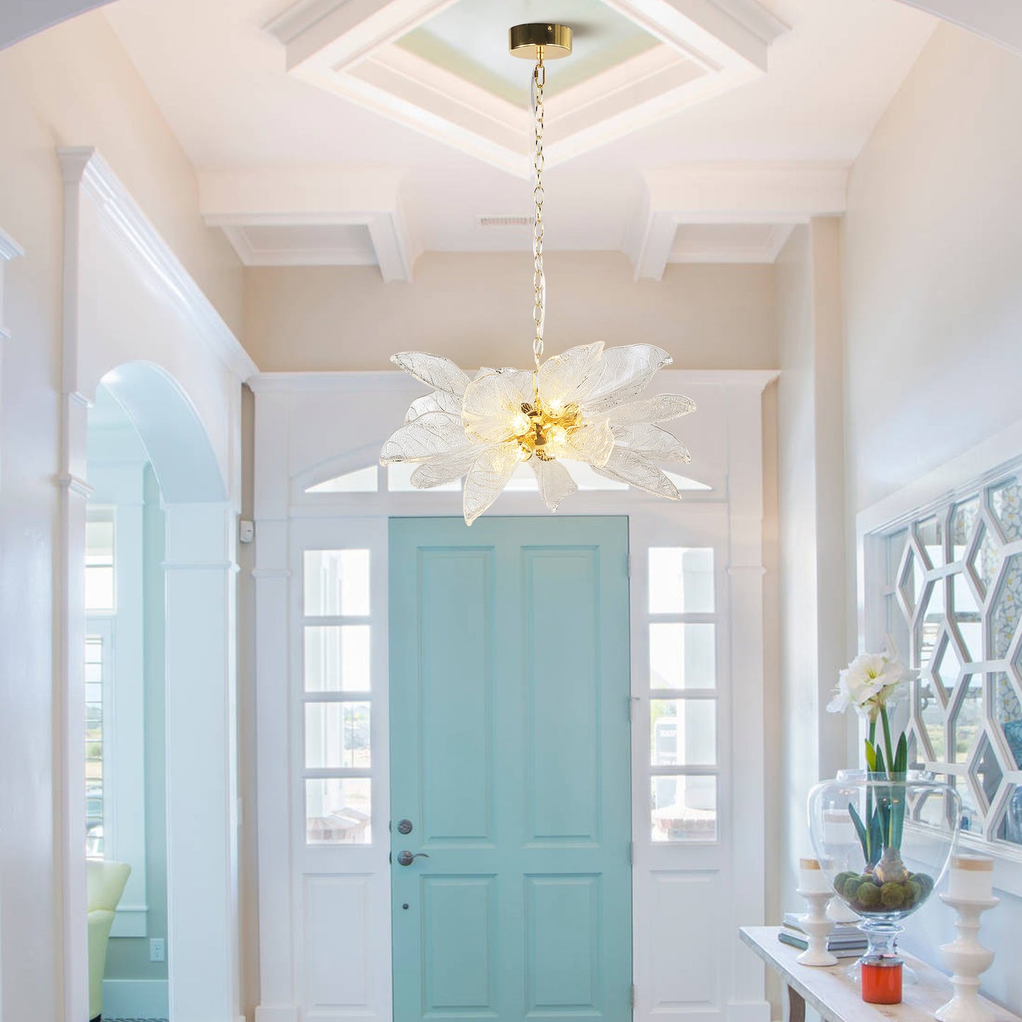 D23 in. 16-Light Gold Modern Chandelier, Crystal Leaf Chandelier for Bedroom, Dining Room, Living Room, Foyer