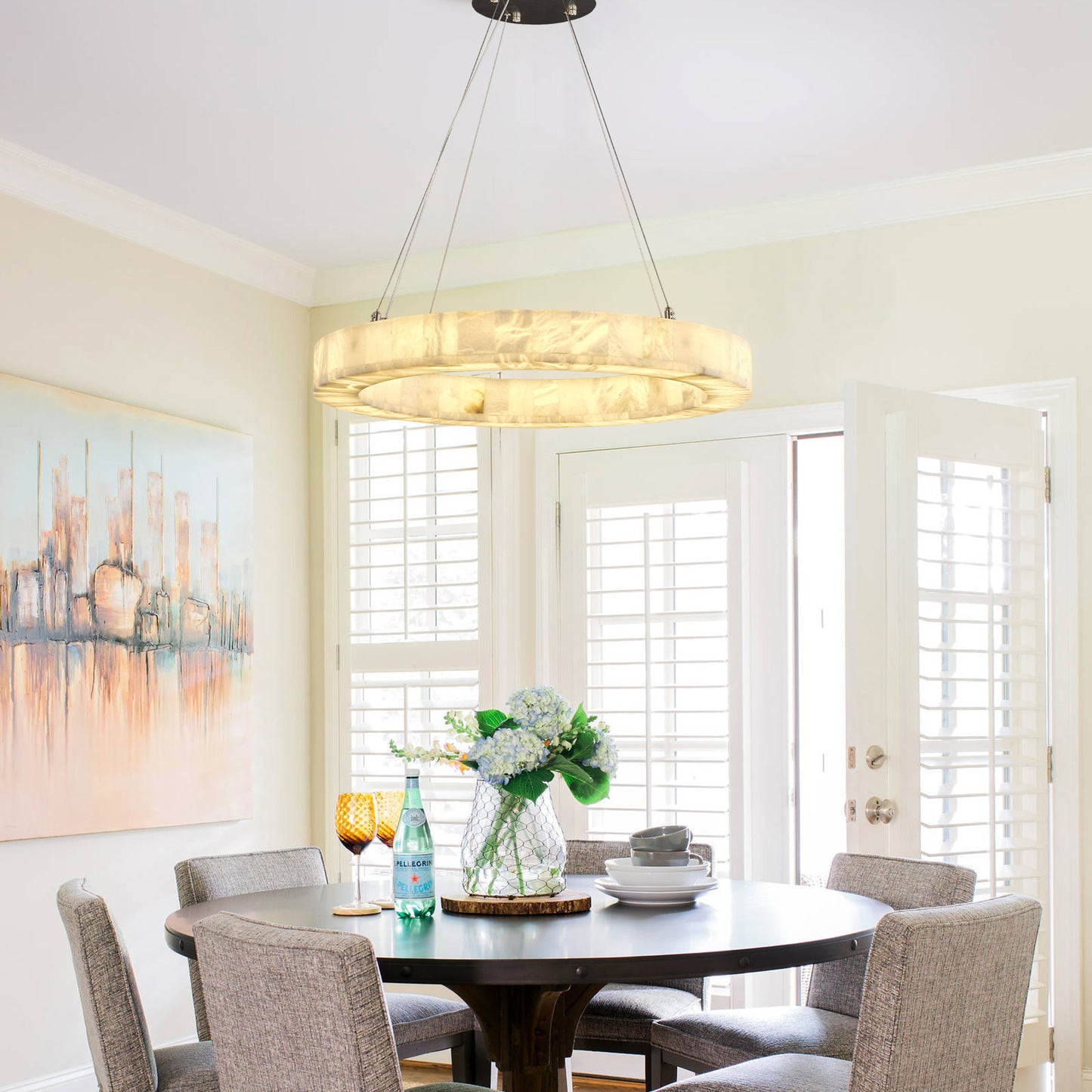 Modern Alabaster Chandelier 30 in. 1-Light Integrated LED White Round Chandelier for Living Room, Enterway, Foyer