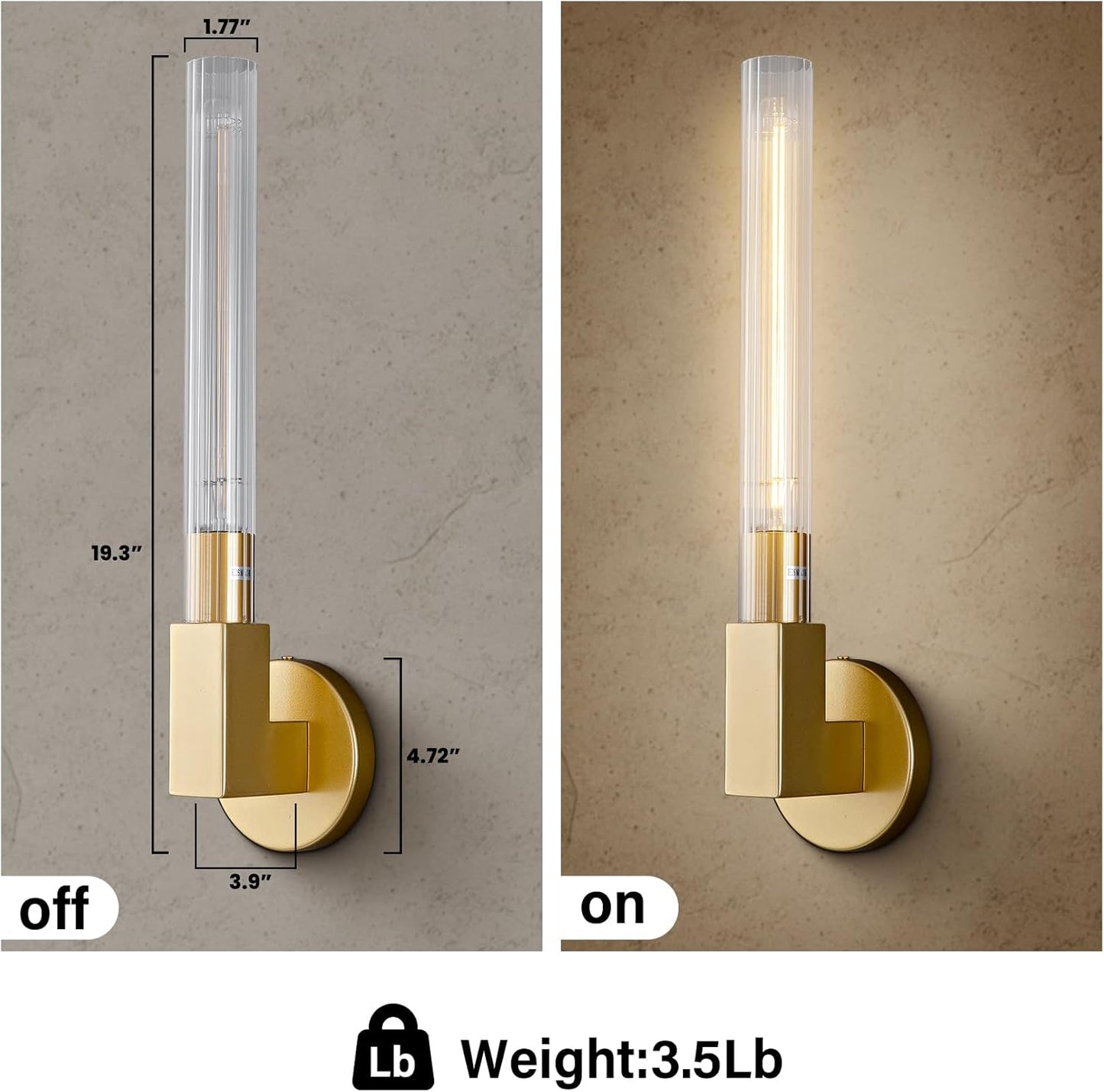 19 in. 1-Light Gold Wall Sconce, Modern Glass Vanity Lights Set of 2, Wall Lamp for Bathroom, Living Room, Bedroom