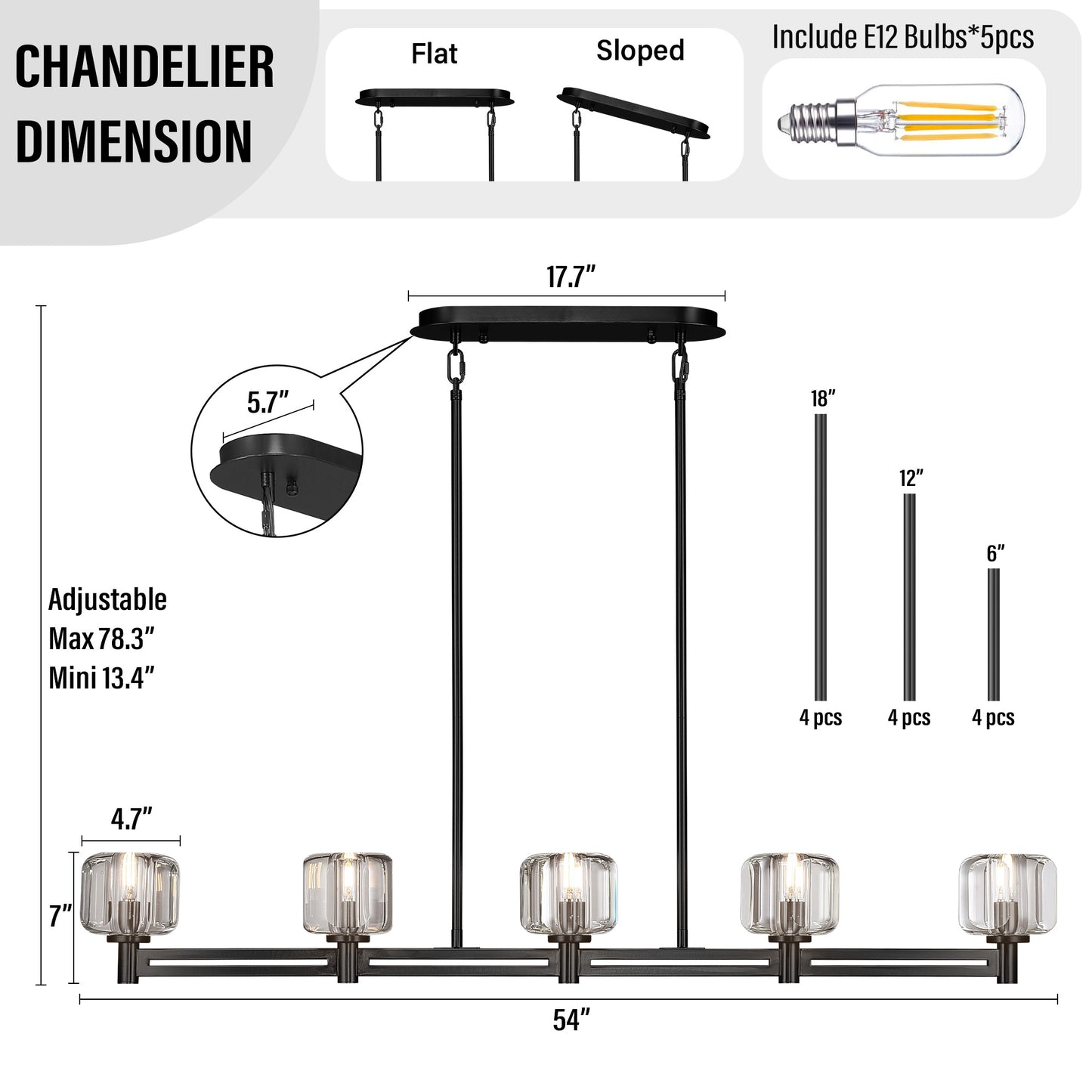 54 in. 5-Light Black Farmhouse Linear Chandelier with Crystal Lampshade for Dining Room, Living Room and Kitchen Island
