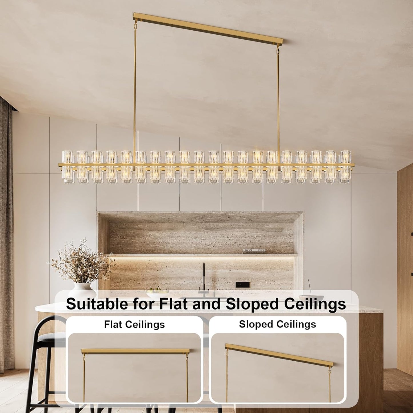 80-Light Gold Rectangular Chandelier, 72 in. Modern K9 Crystal Chandelier for Dining Room, Living Room, Foyer