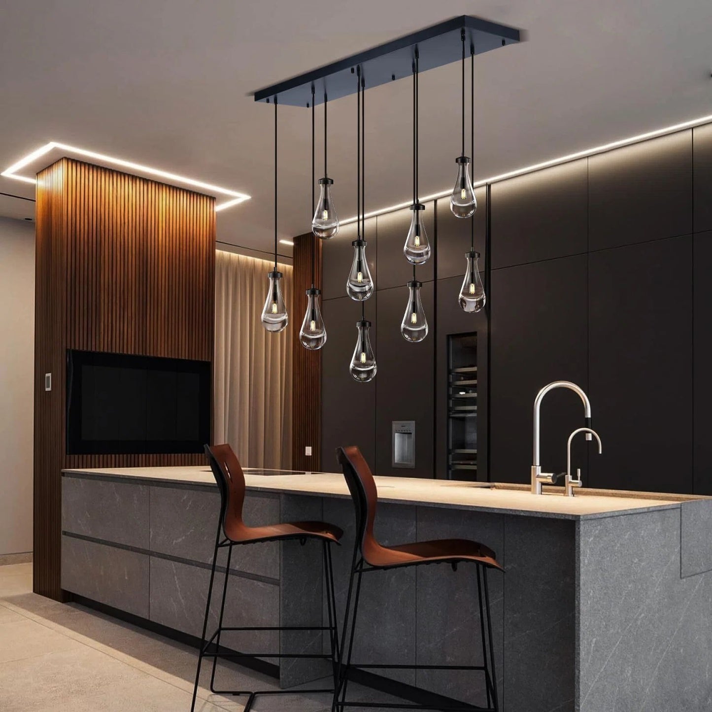 9-Lights Black Raindrop Chandelier, Modern Glass Pendant Light for Living Room, Kitchen Island, Bulb Included