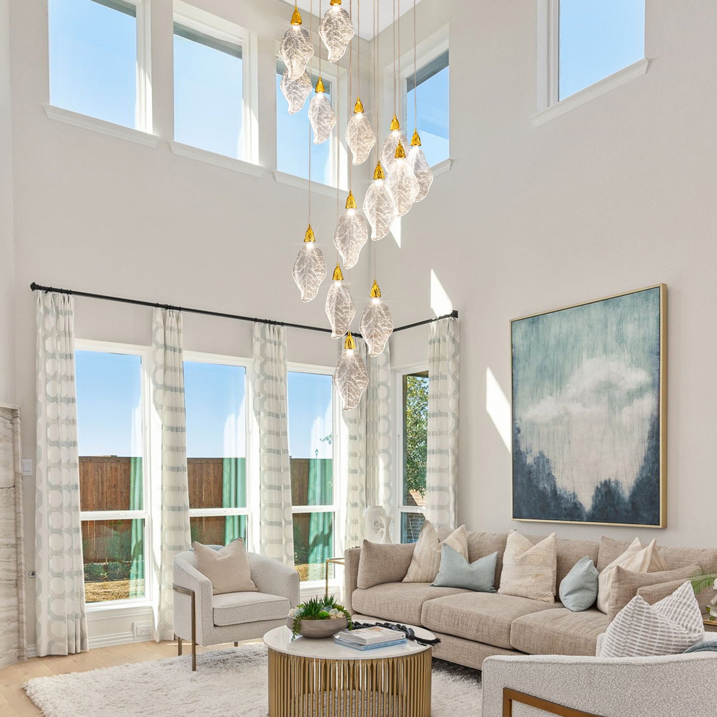 Modern 78 in. H 14-Light Integrated LED Gold Crystal Staircase Chandelier, Bionic Leaf High Ceiling LED Lighting Fixture