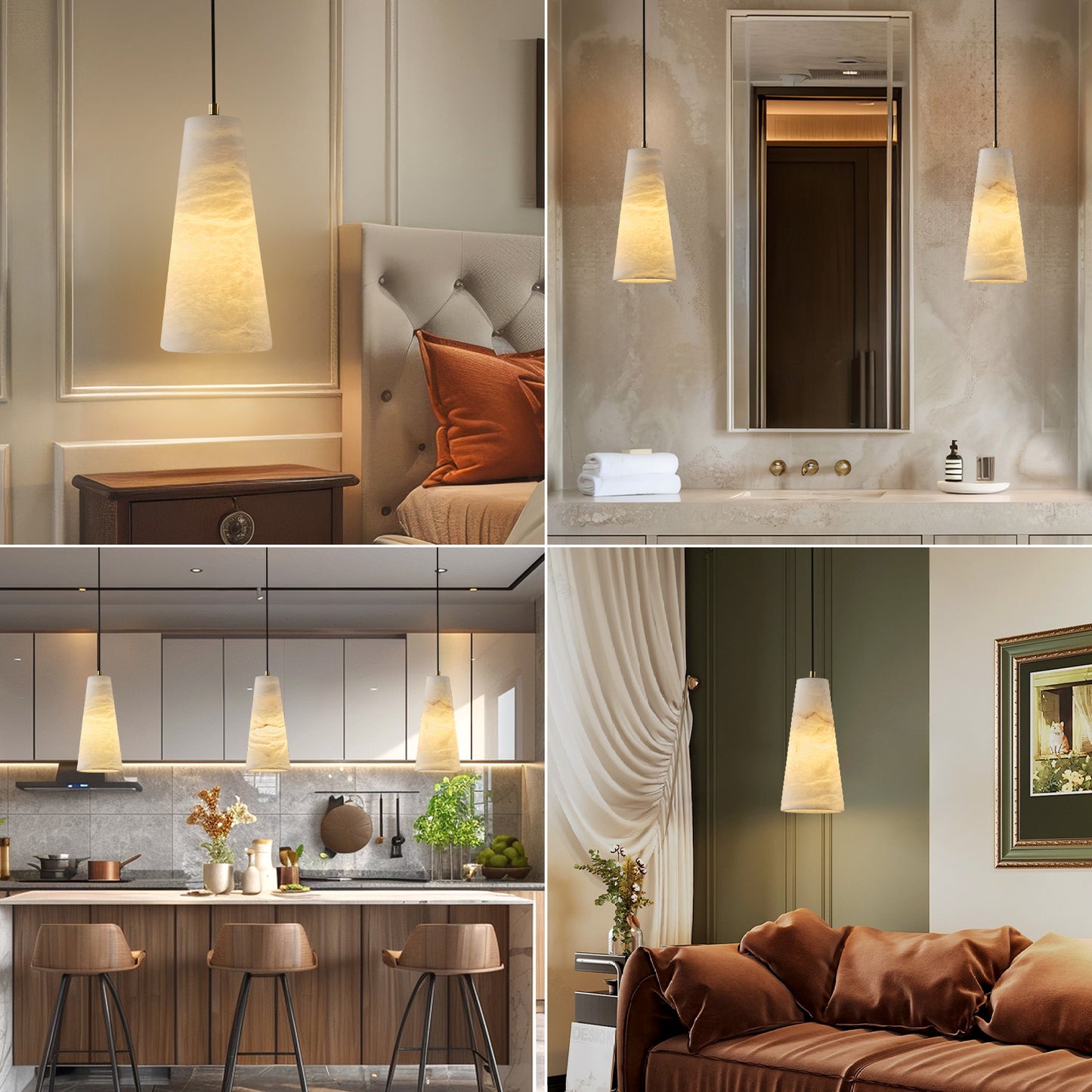 1-Light Gold Pendant Light, Conical Natural Alabaster Shade Pendant Light for Dining Room, Kitchen Island(Bulb Included)