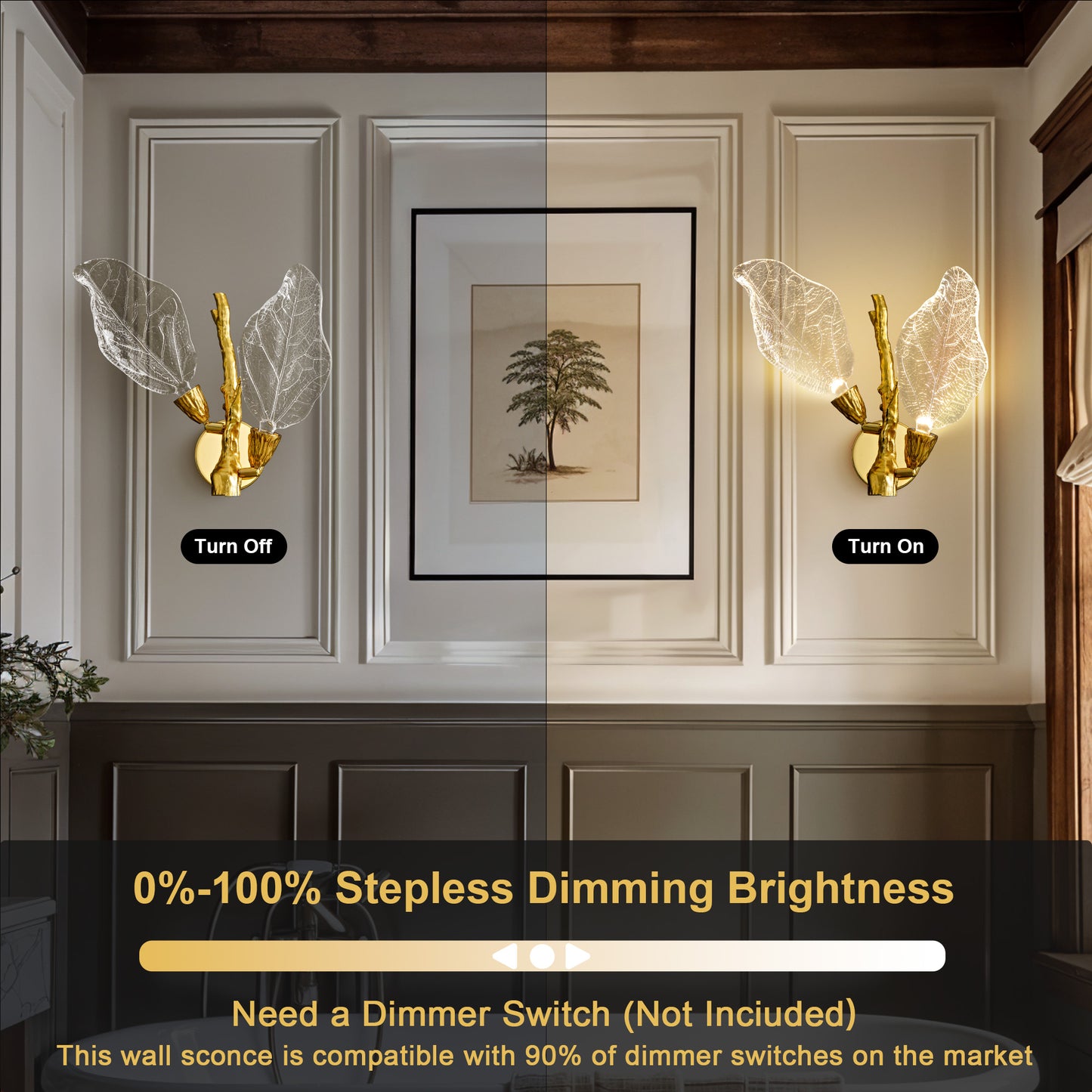 2-Light Gold Bionic Leaf Wall Sconce, LED Vanity Lighting Fixtures for Bathroom Hallway, Living Room, Stairs