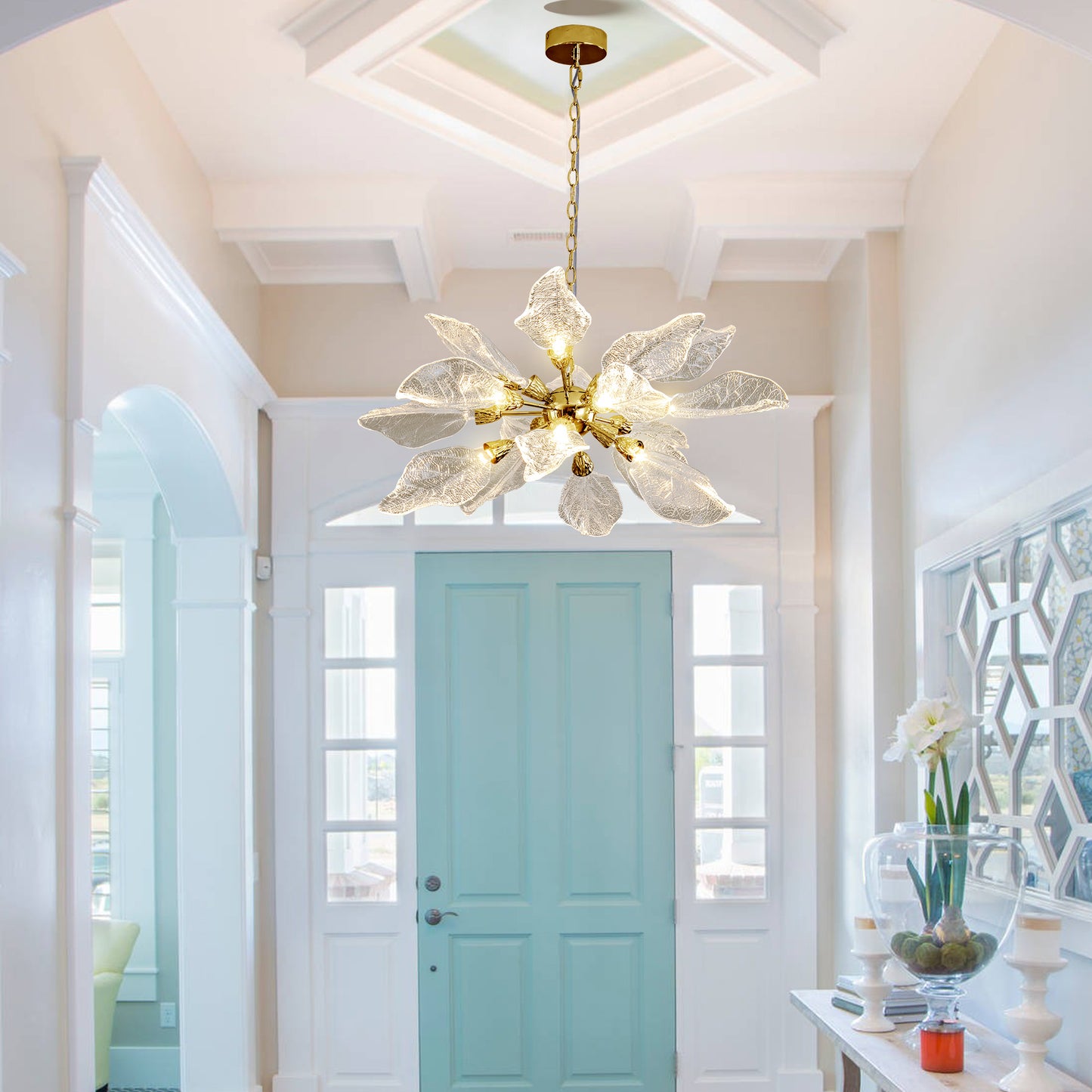 D31.5 in. 18-Light Gold Modern Chandelier, Crystal Leaf Chandelier for Bedroom, Dining Room, Living Room, Foyer