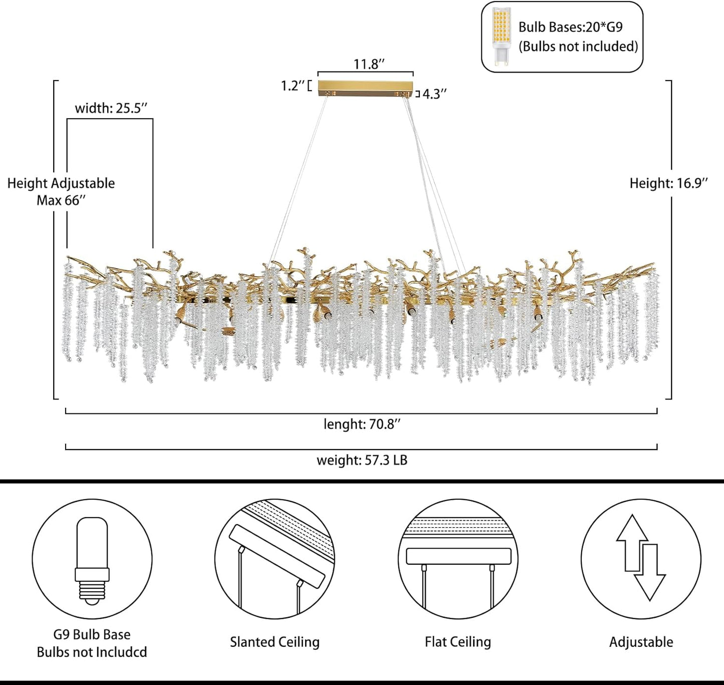 20-Light Gold Chandelier, Luxury Flush Mount Chandelier with K9 Crystal, for Dining Room, Living Room, Kitchen and Foyer
