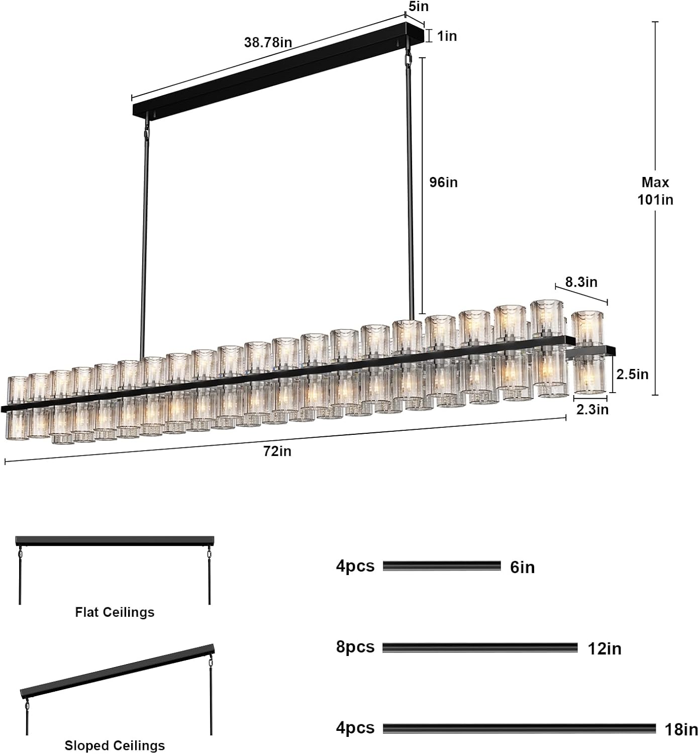 80-Light Black Rectangular Chandelier, 72 in. Modern K9 Crystal Chandelier for Dining Room, Living Room, Foyer