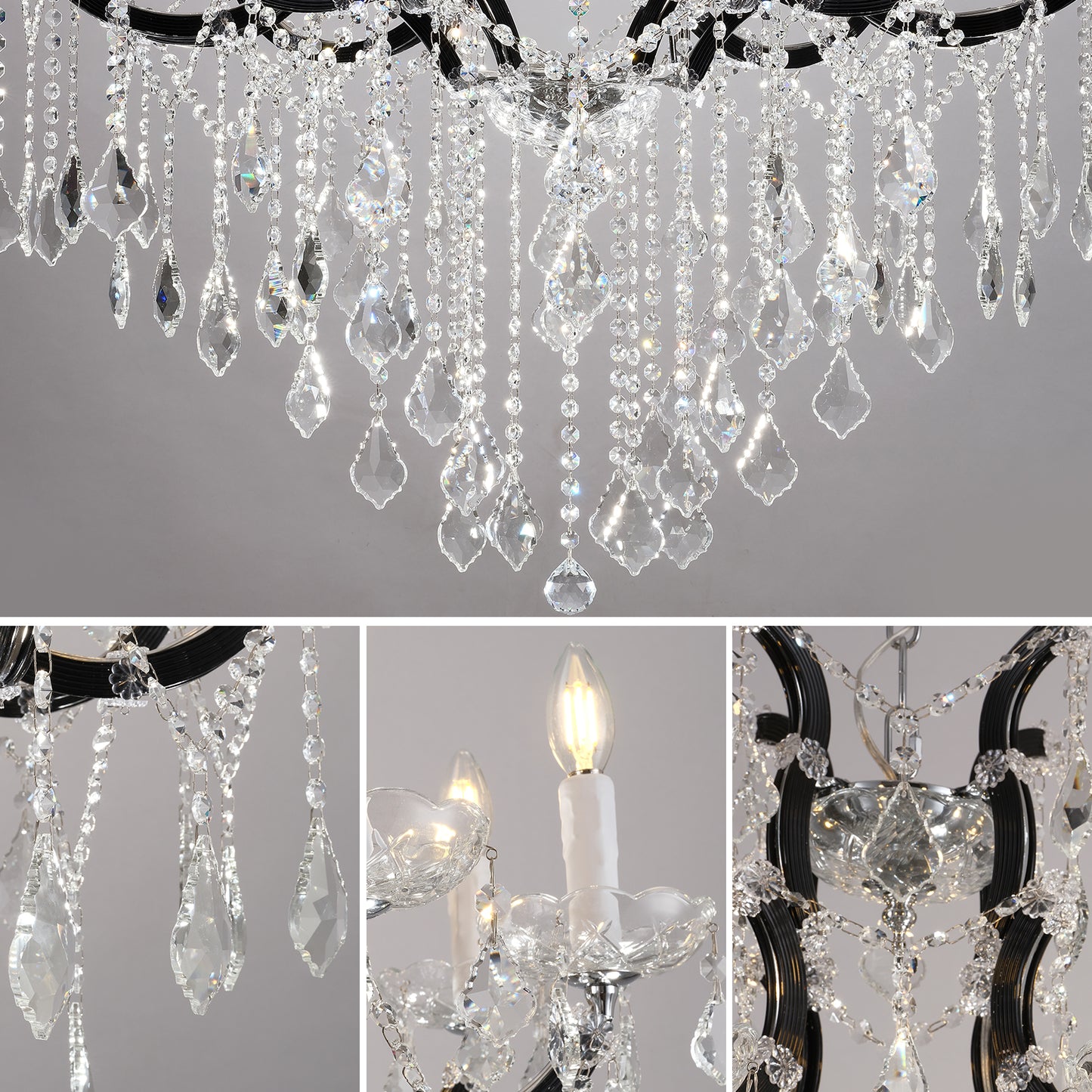 Candle Chandelier 41 in. 18-Lights Black Luxury Crystal Chandelier for Dinning Room, Living Room,Foyer,Bedroom,Staircase