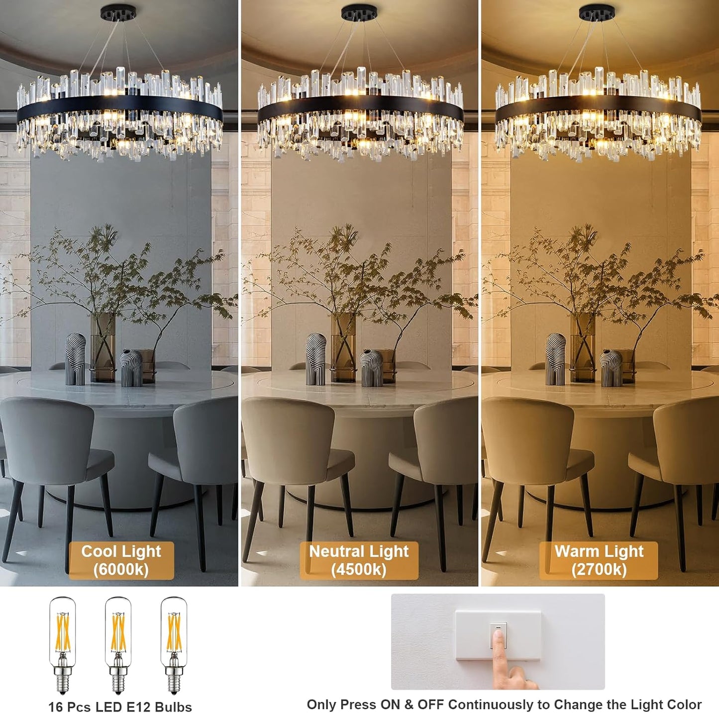 31.5 in. 16-Light Black Crystal Chandelier, Modern Round K9 Crystal Hanging Pendant Ceiling Light Fixture