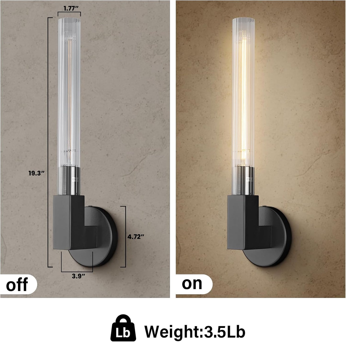 19 in. 1-Light Black Wall Sconce, Modern Glass Vanity Lights Set of 2, Wall Lamp for Bathroom, Living Room, Bedroom