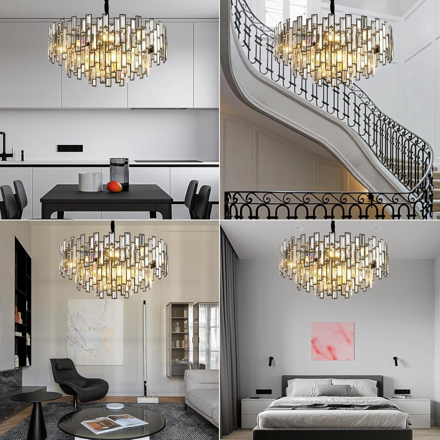 24 in. Modern Chandelier 10-Light 3-Tier Black Round K9 Crystal Chandelier for Dining Room, Living Room Entryway & Foyer