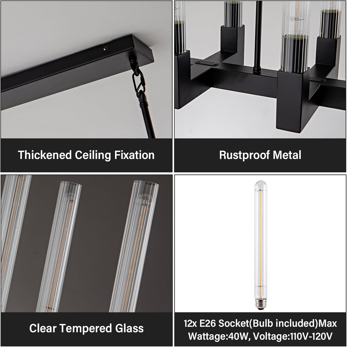 12-Light Black Candlestick Chandelier, Modern Chandelier with Glass Shade, Retangular Luxurious Ceiling Pendant Light
