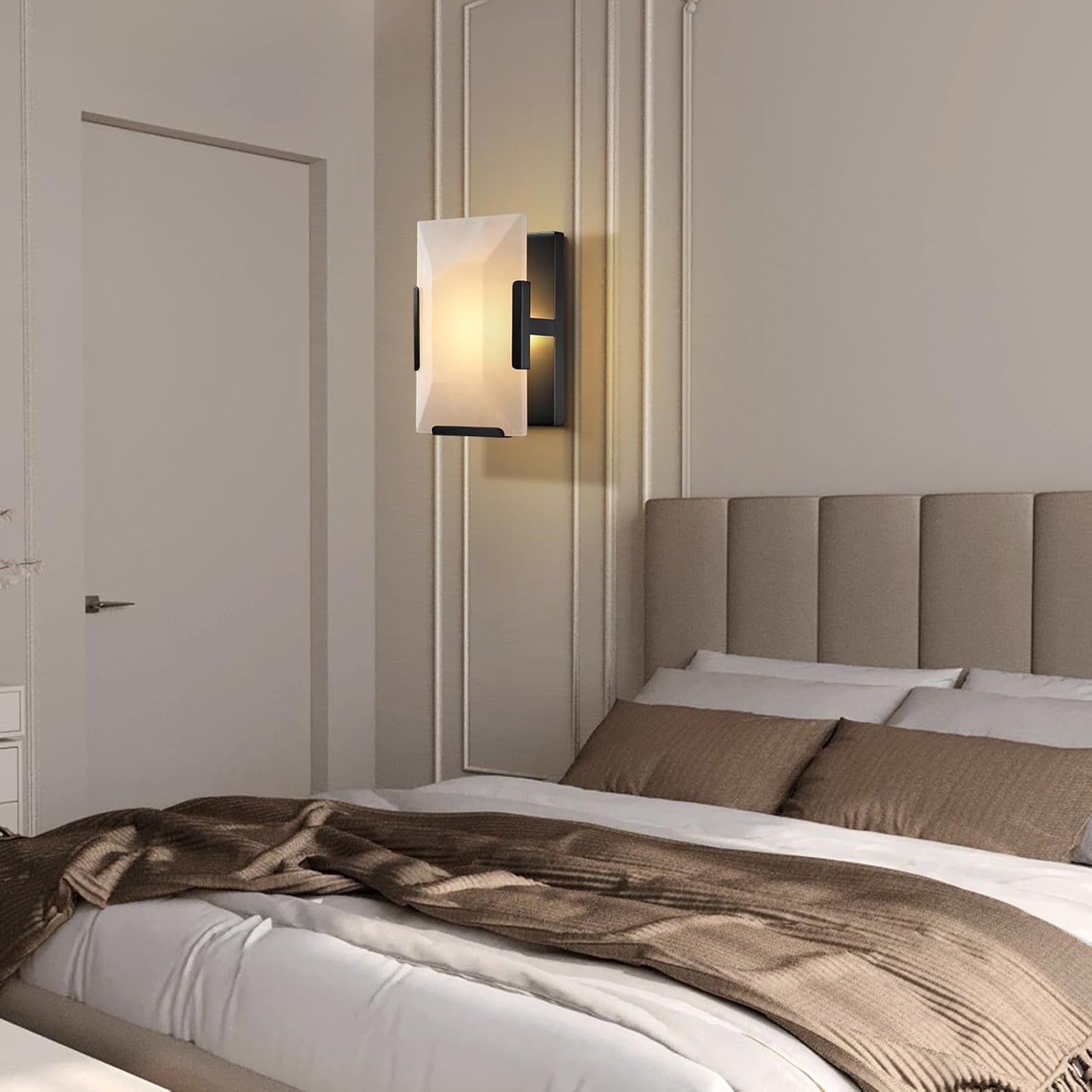 9.8 in. 1-Light 2-Piece Black Wall Sconce, Natural Alabaster Wall Lighting for Living Room, Bathroom, Hallway, Bedroom
