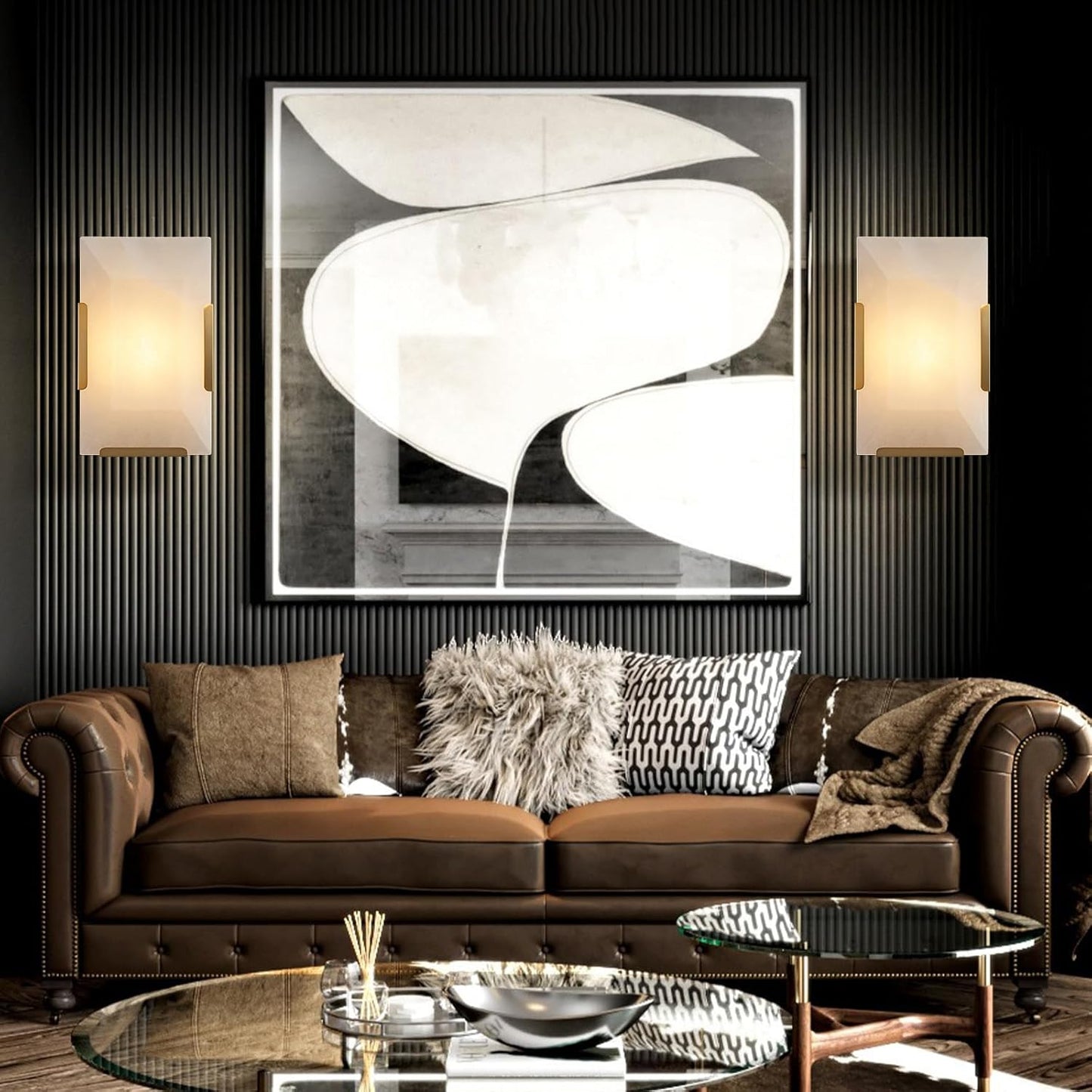 9.8 in. 1-Light 2-Piece Gold Wall Sconce, Natural Alabaster Wall Lighting for Living Room, Bathroom, Hallway, Bedroom