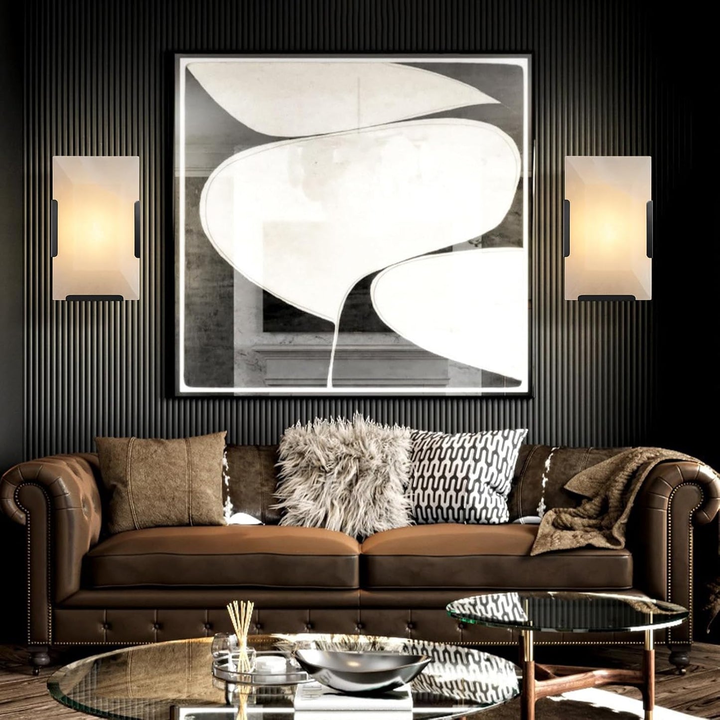 9.8 in. 1-Light 2-Piece Black Wall Sconce, Natural Alabaster Wall Lighting for Living Room, Bathroom, Hallway, Bedroom