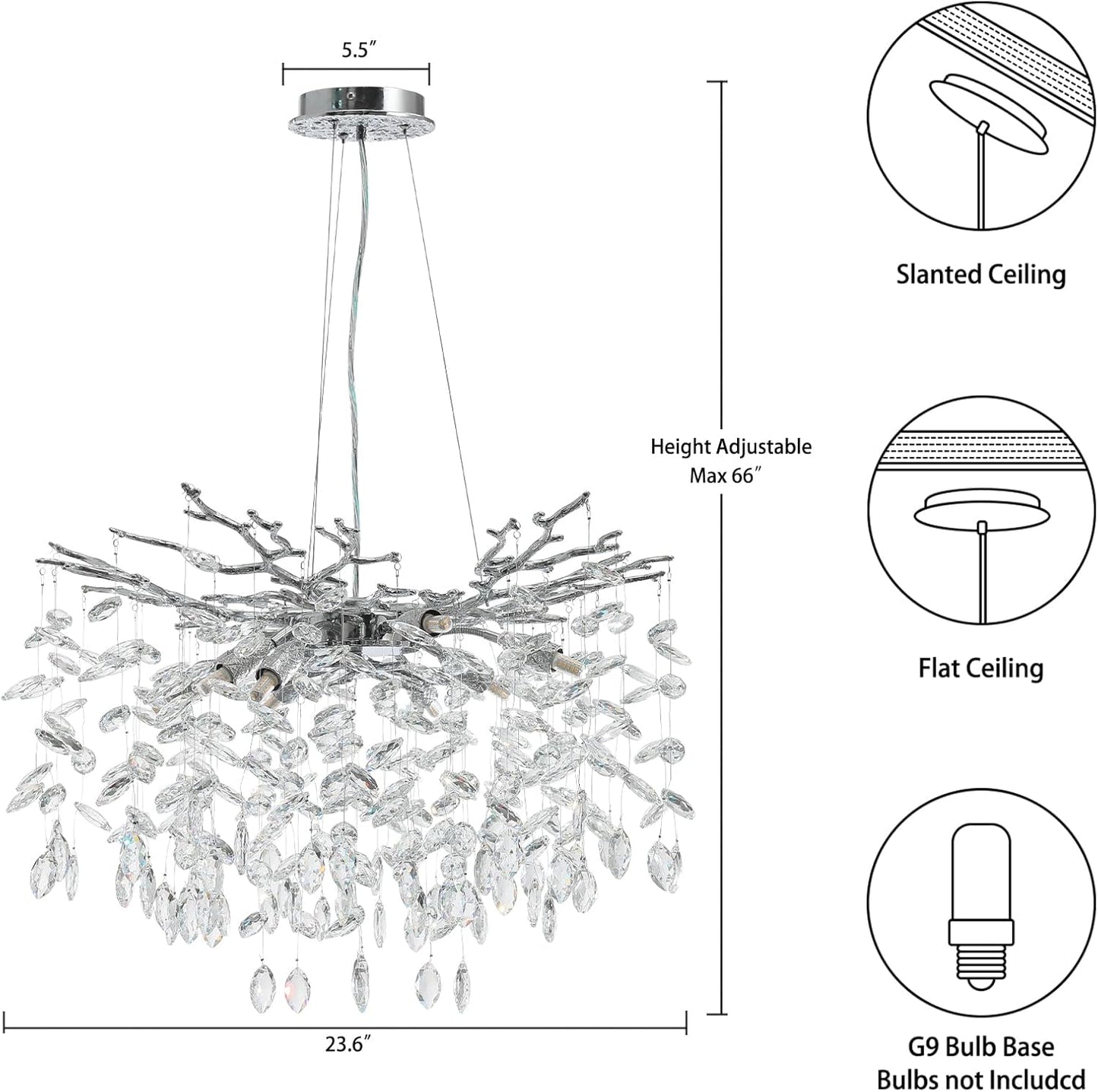 23.6 in. 9-Lights Silver Luxury Crystal Globe Chandelier Modern Branch Chandelier for Dinning Room, Kitchen, Living Room