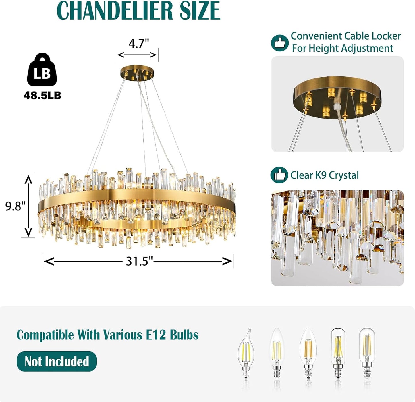 31.5 in. 16-Light Gold Crystal Chandelier, Modern Round K9 Crystal Hanging Pendant Ceiling Light Fixture