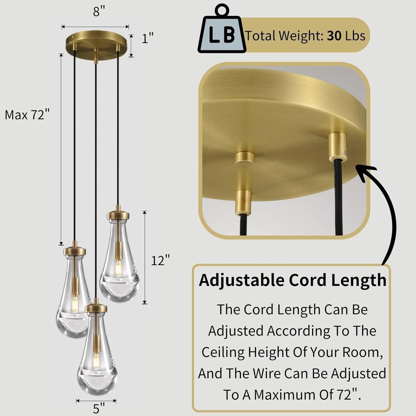 Farmhouse Chandelier 85 in. H 3 Light Copper Raindrop Globe Chandelier for Dinning Room, Kitchen, Foyer, Bulb Included