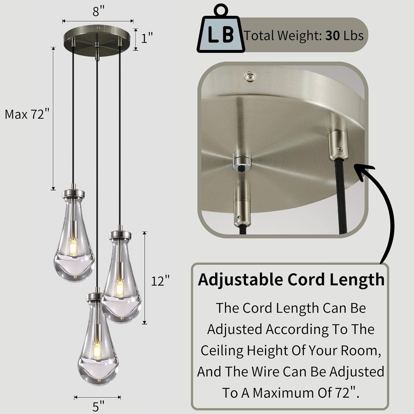 Farmhouse Chandelier 85 in. H 3 Light Nickel Raindrop Globe Chandelier for Dinning Room, Kitchen, Foyer, Bulb Included