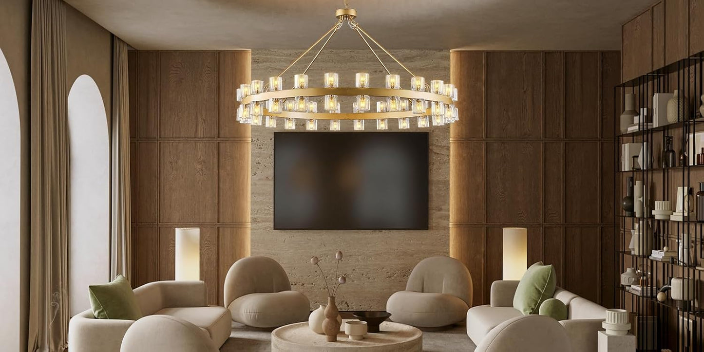 48-Light Gold Round Chandelier, 48 in. Modern K9 Crystal Chandelier for Dining Room, Living Room, Foyer