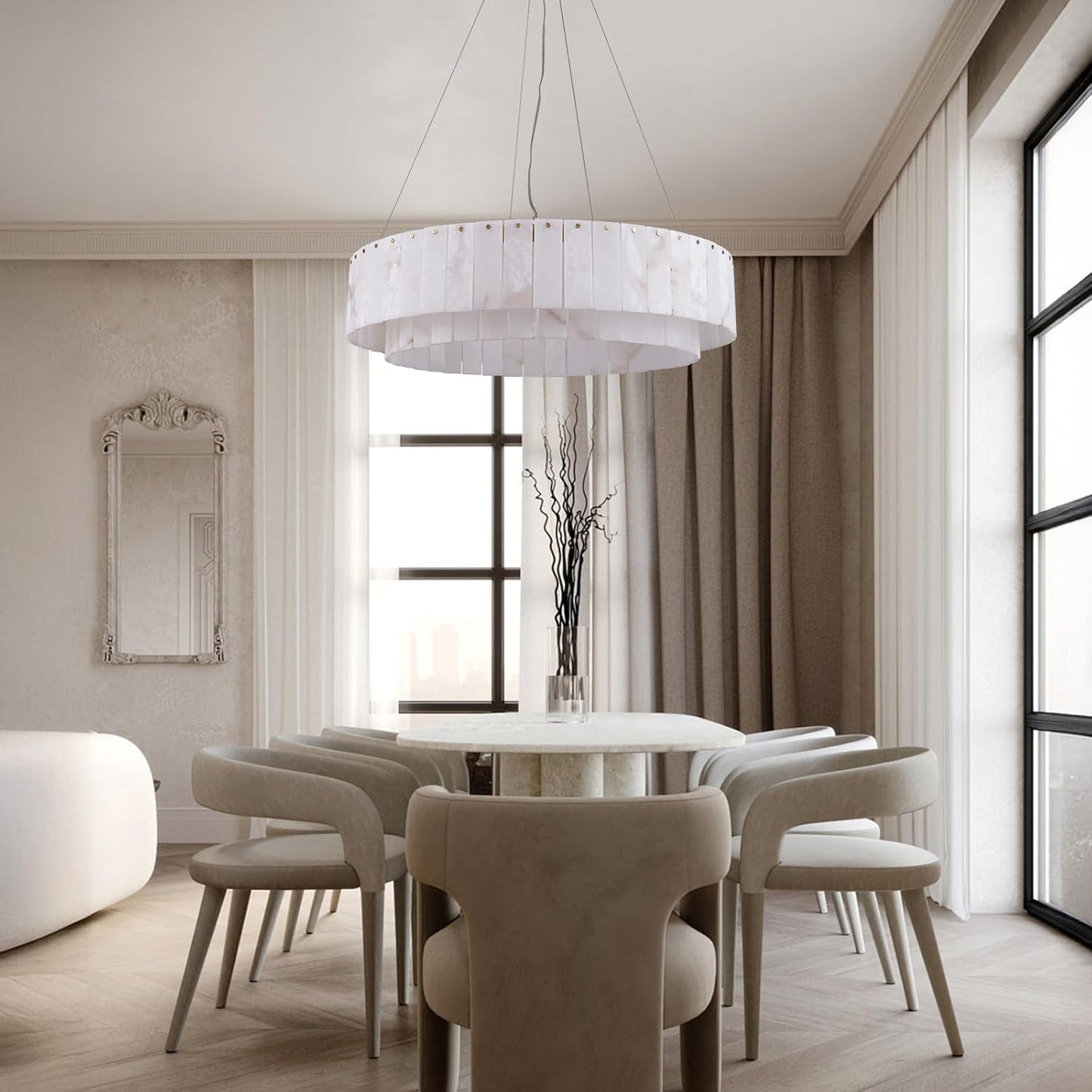 10-Light White Alabaster Chandelier, Modern Round Chandelier for Dining Room, Living Room, Kitchen Island