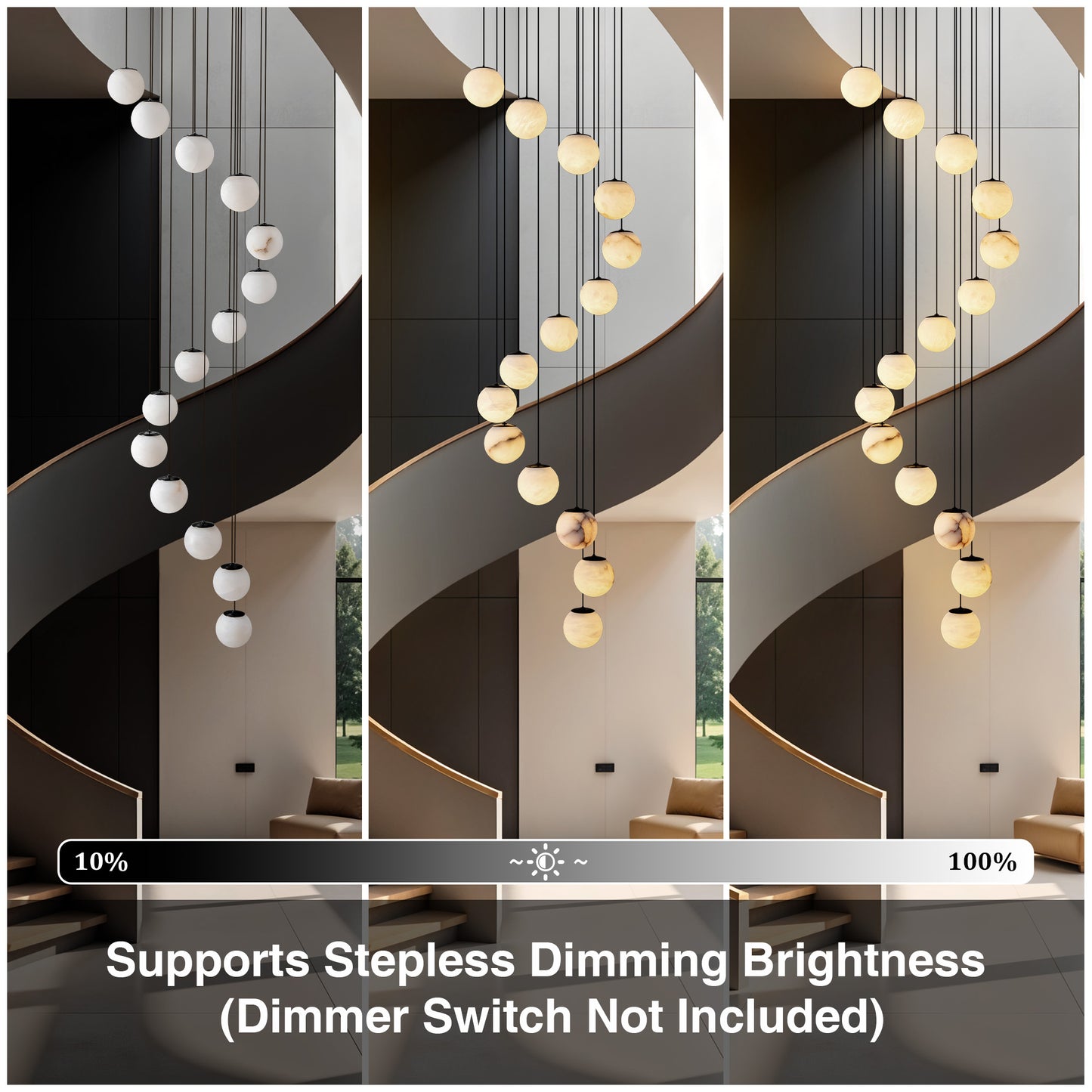 Modern 138 in. H 14-Light Black Globe Staircase Chandelier, Natural Alabaster Chandelier for High Ceiling, Foyer, Entry