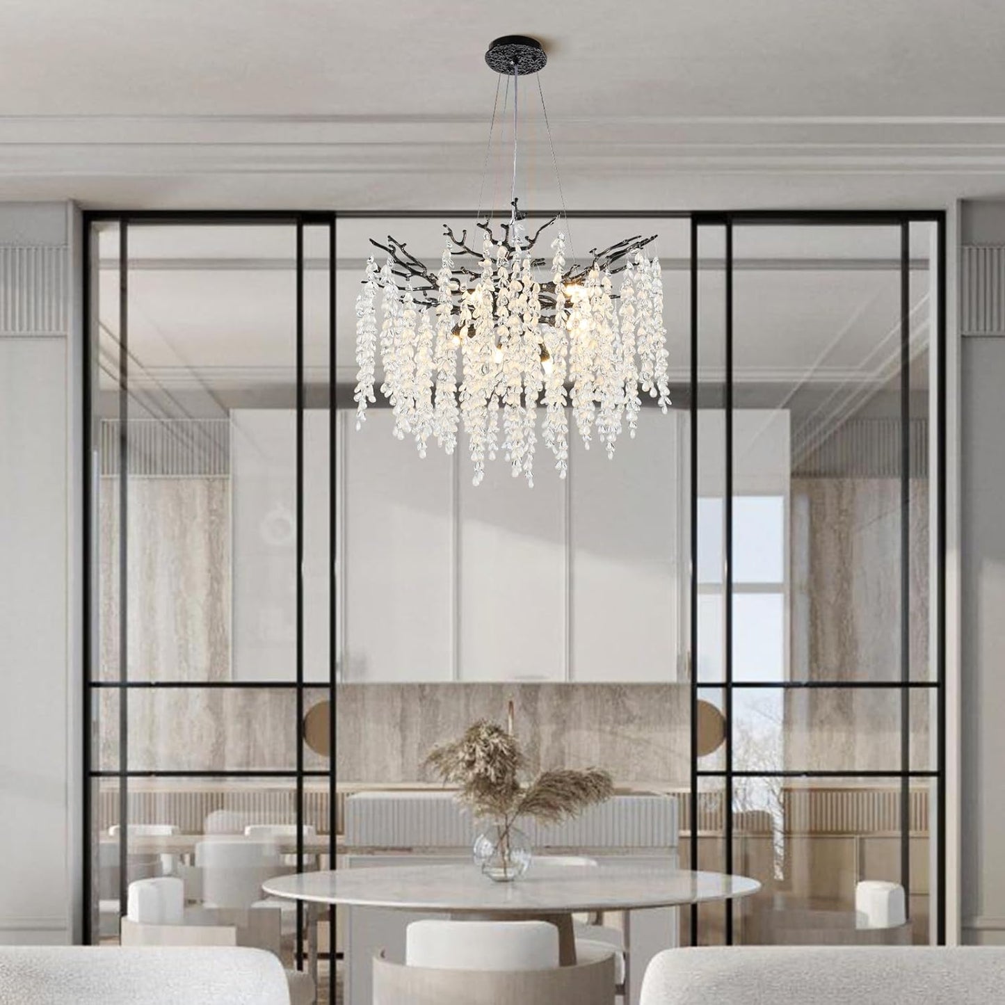 24" 8-Light Modern Crystal Chandelier Black Tree Branch Round Chandelier for Dining Room, Living Room, Bedroom, Entryway